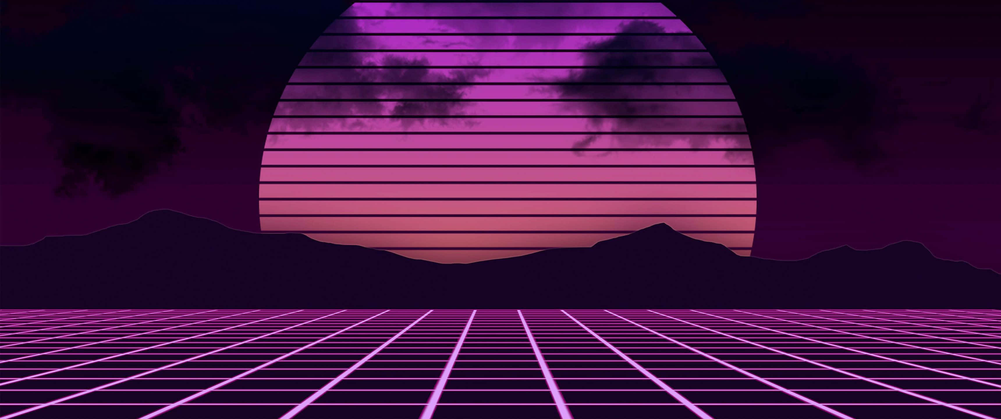 Retro 80s Aesthetic, retrofuturistic sunset, glowing pink grid floor, 2K Desktop Wallpaper