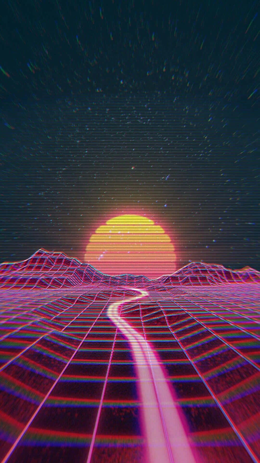 neon grid road, pixelated mountains, glowing sunset, Full HD Phone Wallpaper