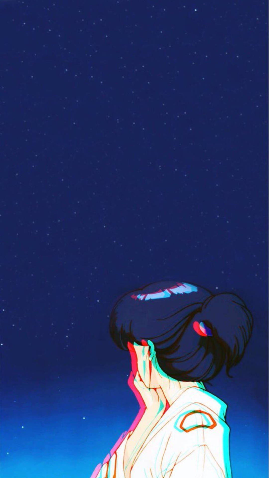 anime girl, dark hair, starry night sky, Full HD Phone Wallpaper