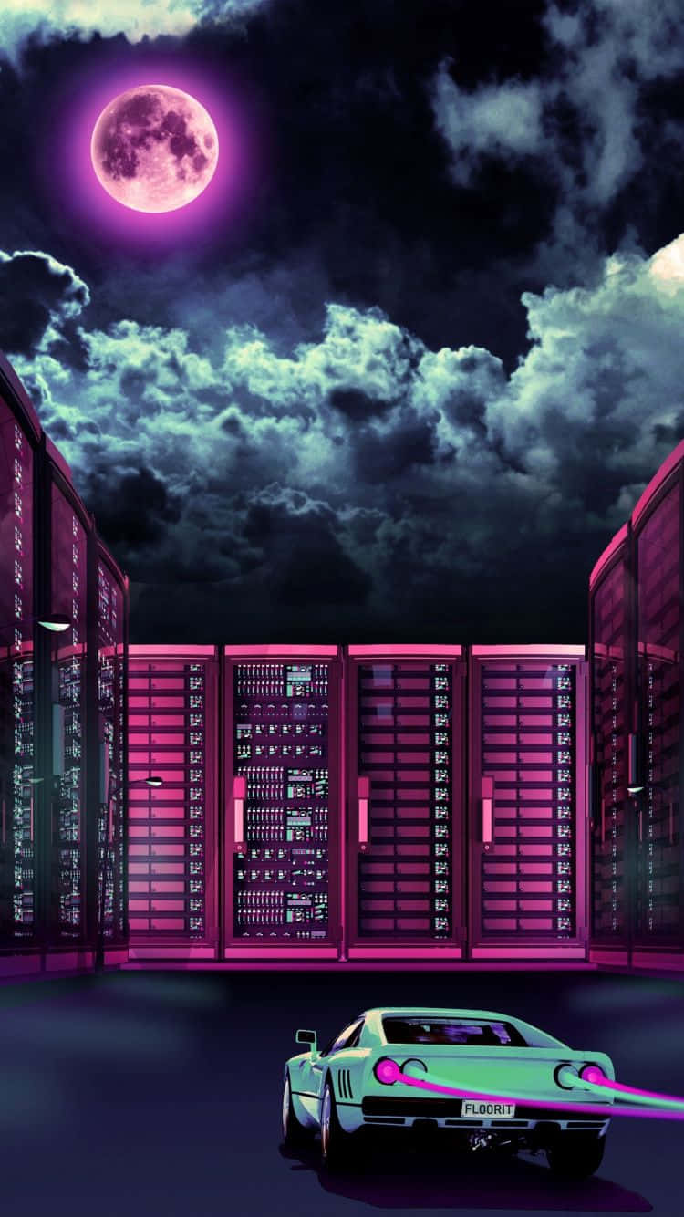 neon pink sports car, purple moon, futuristic server farm, HD Phone Wallpaper