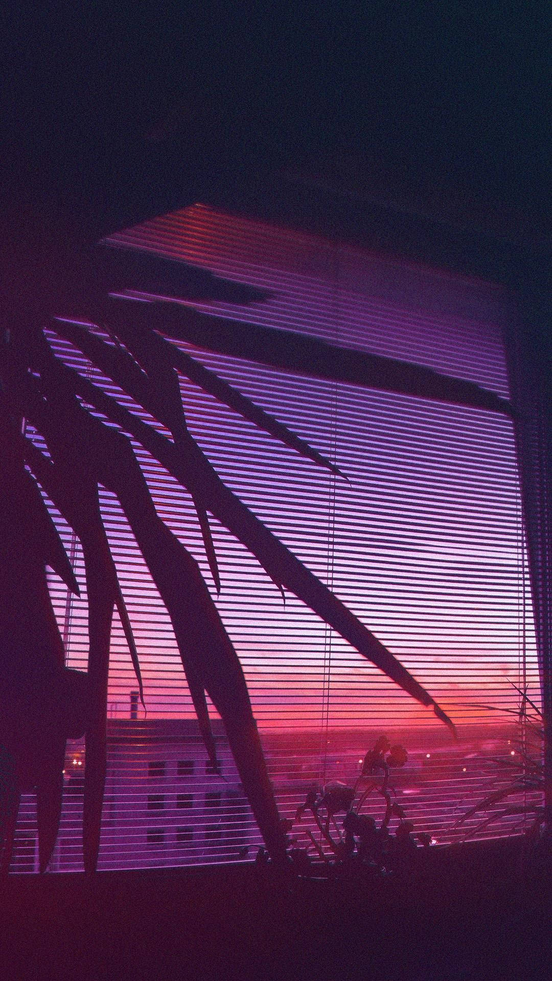 Retro Wave Colour, vibrant purple and pink sunset sky, silhouetted palm fronds, Full HD Phone Wallpaper