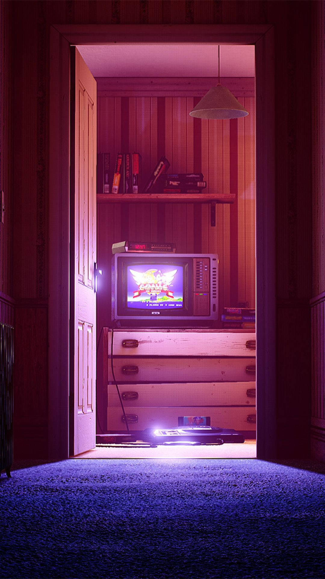 vintage gaming console, purple light, dimly lit room, Full HD Phone Wallpaper