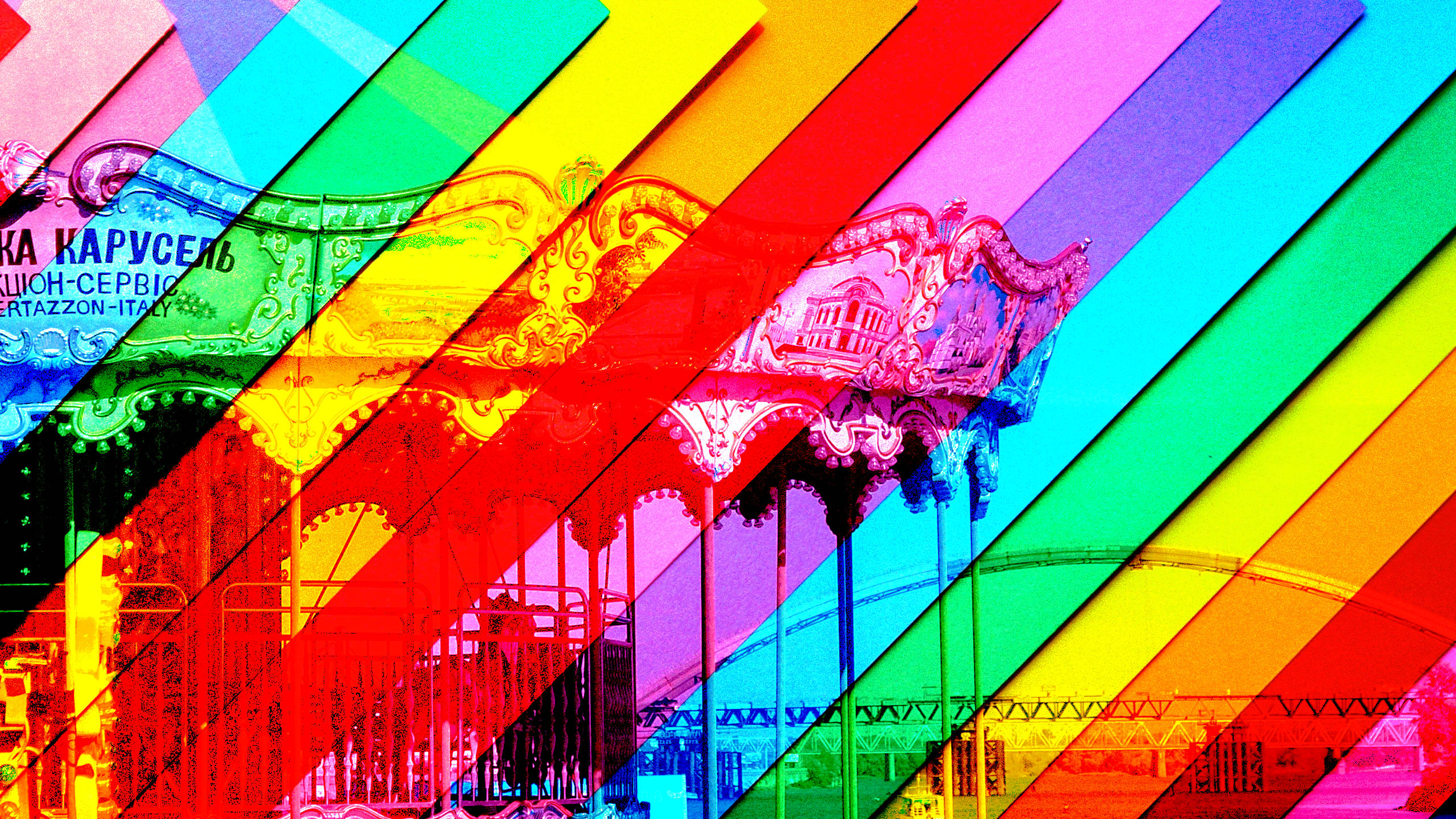 80s retro vintage carousel ride, vibrant diagonal rainbow stripes, vintage carousel, 2K Desktop Wallpaper