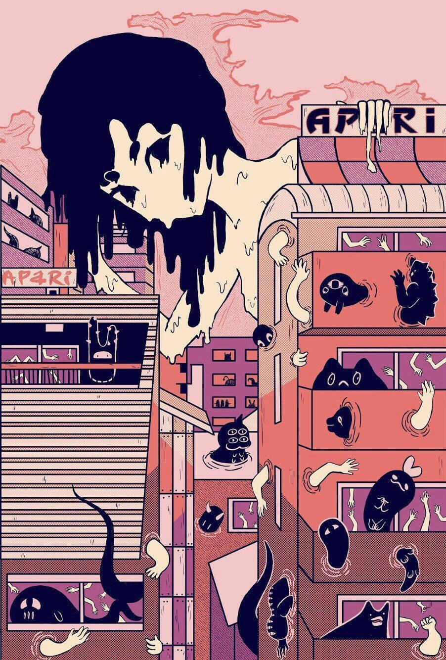 monsters in the city, retro anime aesthetic, giant melting humanoid figure, HD Phone Wallpaper