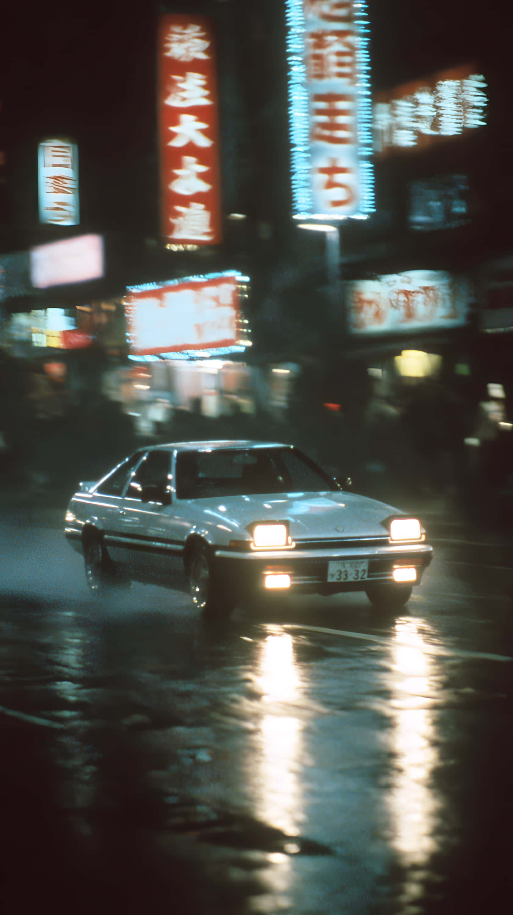 neon-lit streets, rain-slicked pavement, glowing signs, 2K Phone Wallpaper