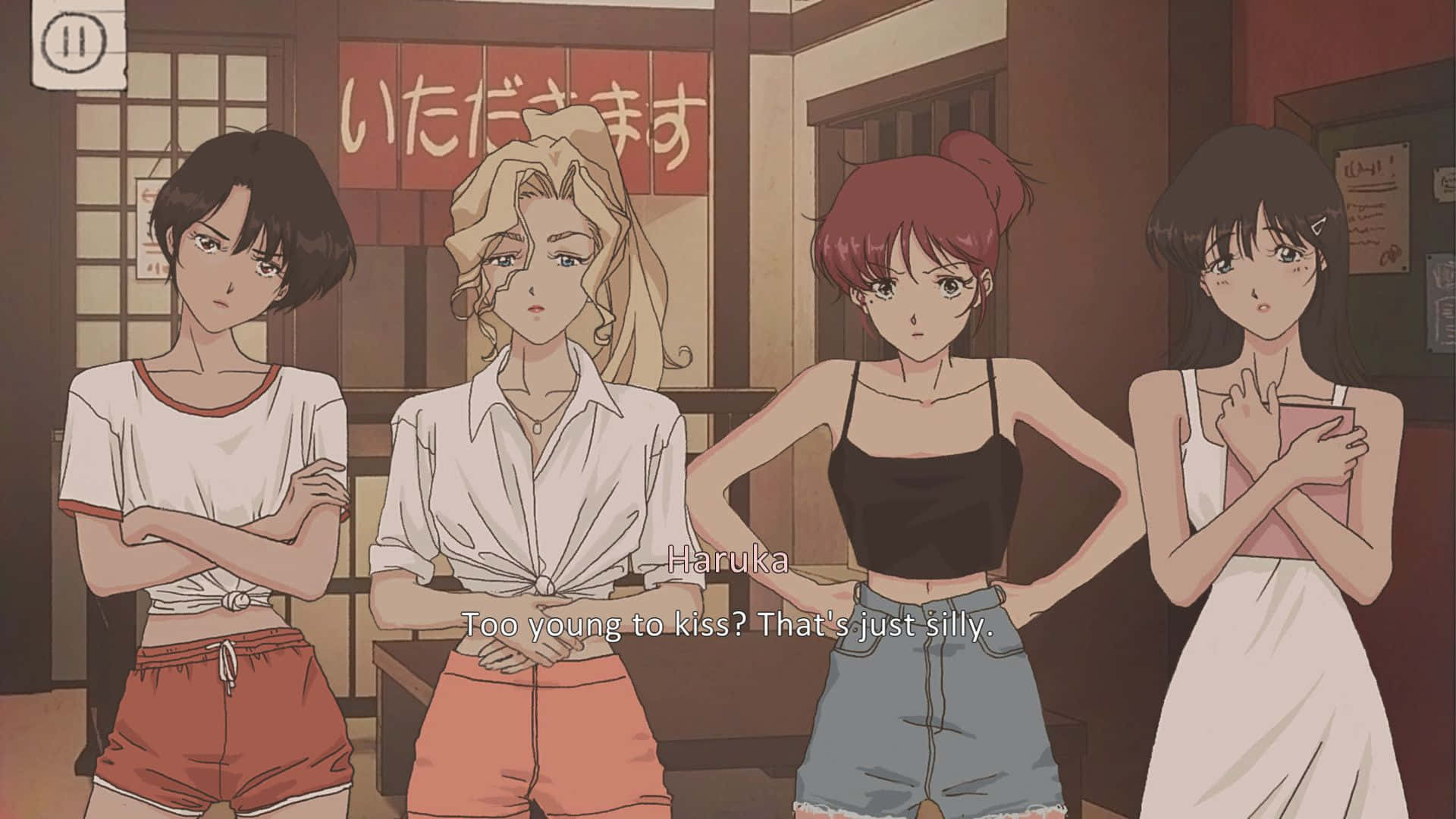 Retro anime, Japanese restaurant, Four anime girls, Full HD Desktop Wallpaper