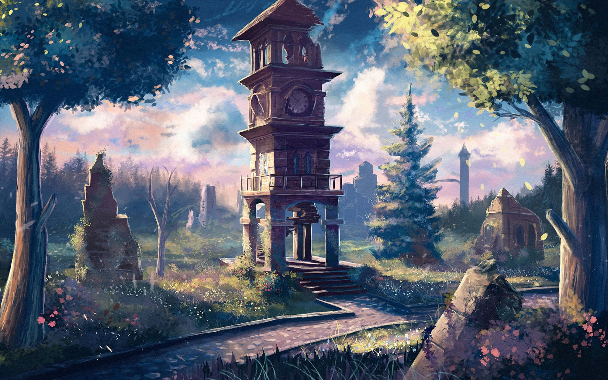 Retro anime, clock tower, overgrown ruins, Full HD Desktop Wallpaper