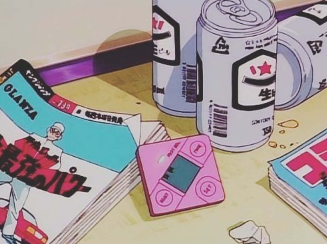 Retro Anime, pink digital camera, beer cans, SD Desktop Wallpaper