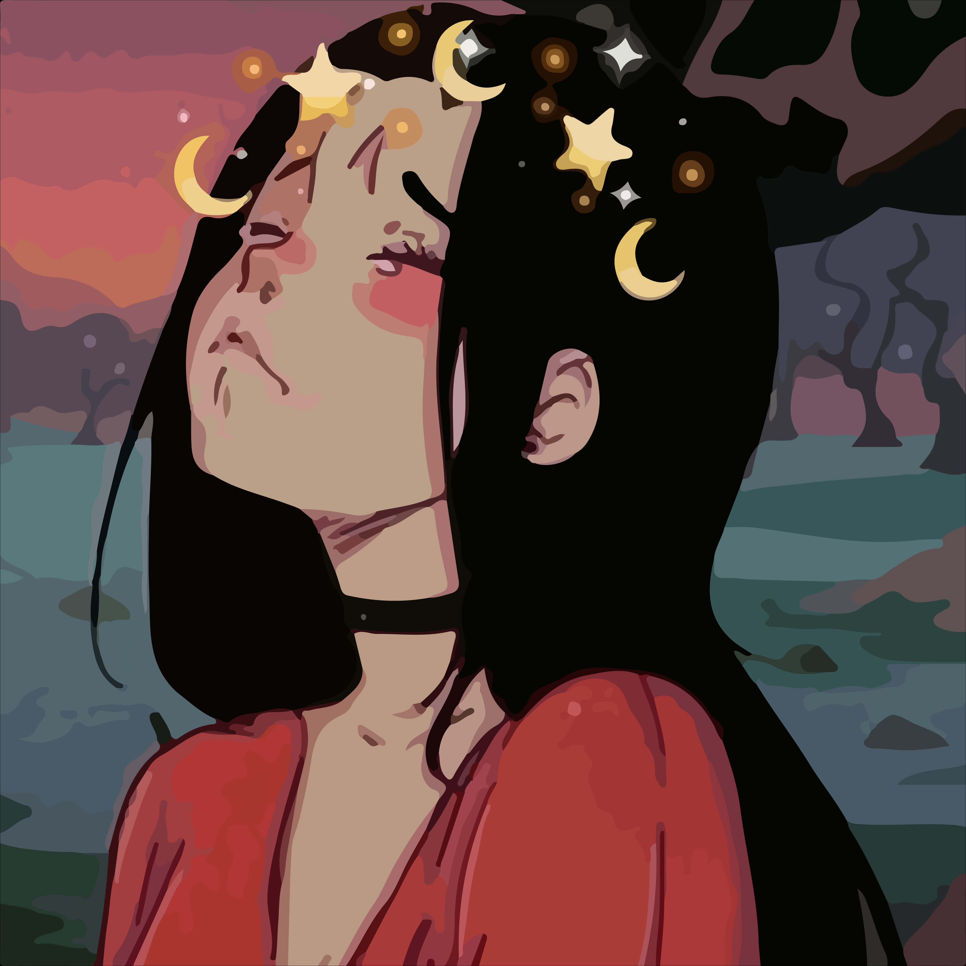Retro Anime Crying Girl, black hair, celestial symbols, 4K Desktop Wallpaper