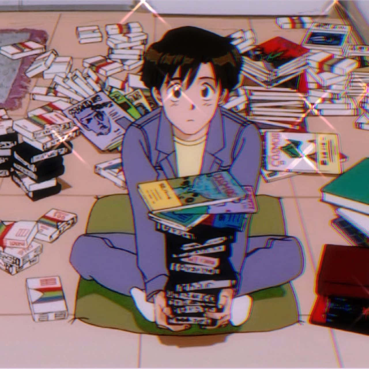 Retro Anime, anime boy, scattered books, HD Desktop Wallpaper