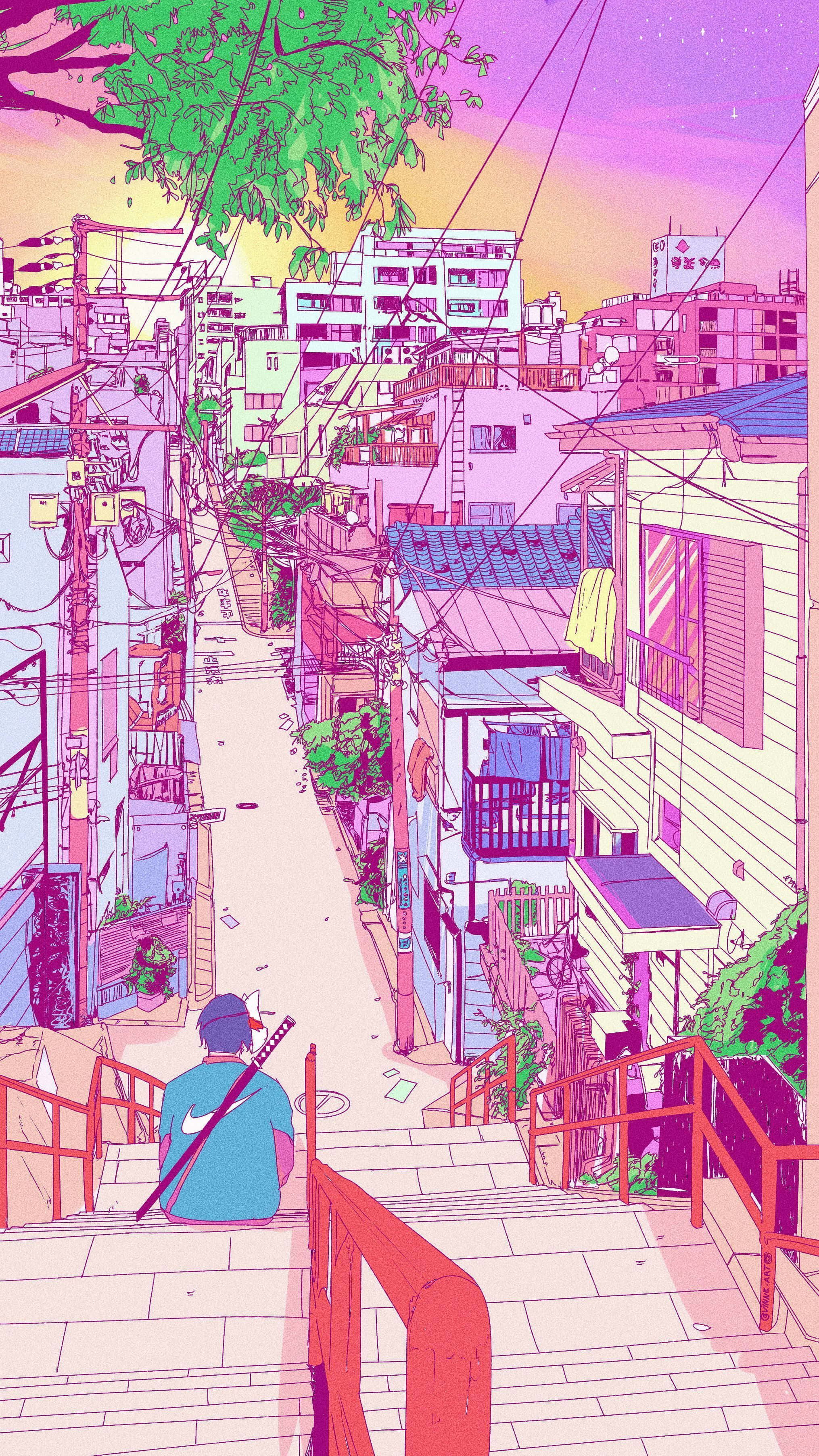 Retro Anime Stairs Boy, blue shirt, vibrant pink and purple neon-lit urban alleyway, 2K Phone Wallpaper