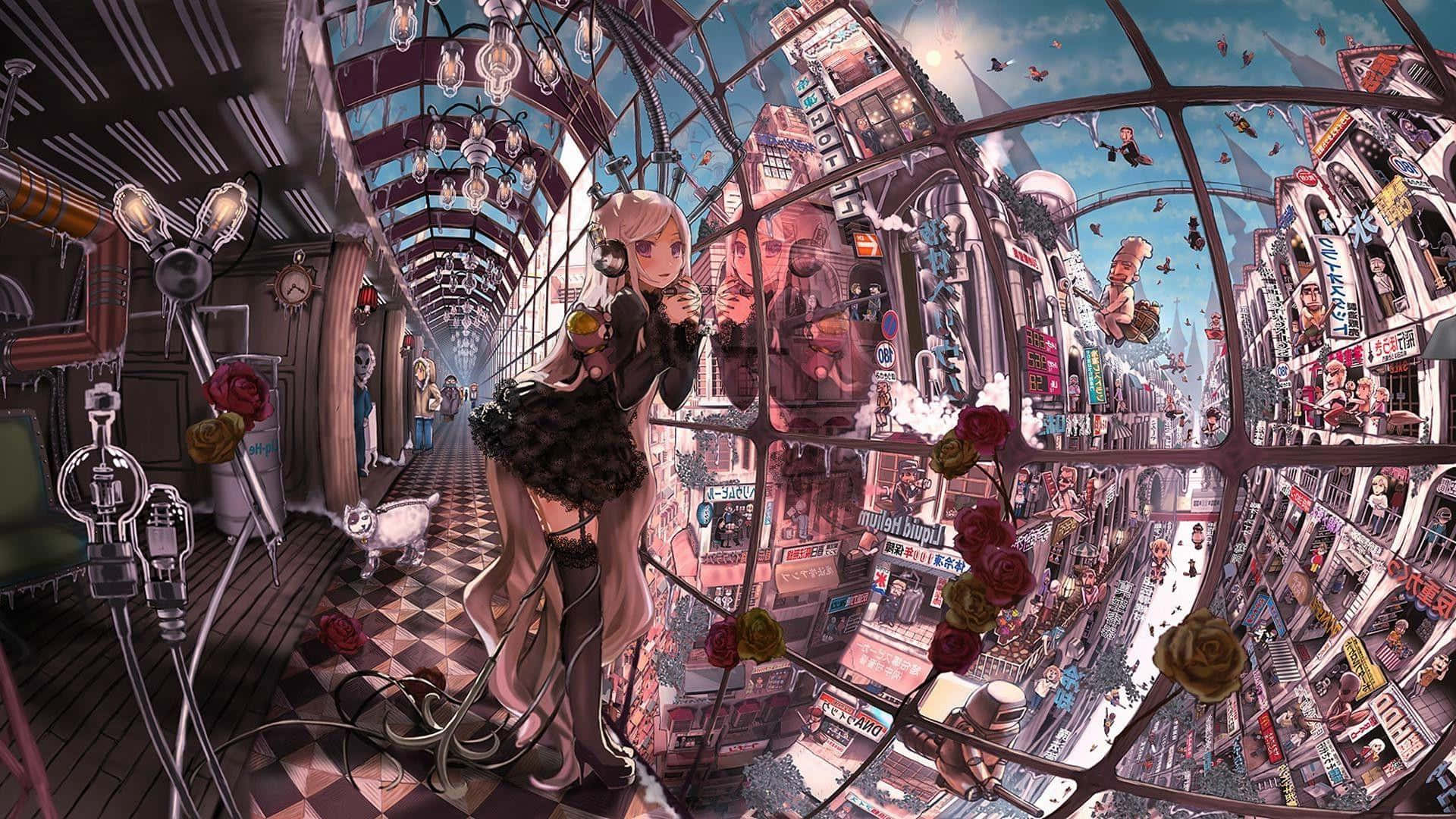 Retro Anime Girl, black, glass-domed corridor, Full HD Desktop Wallpaper