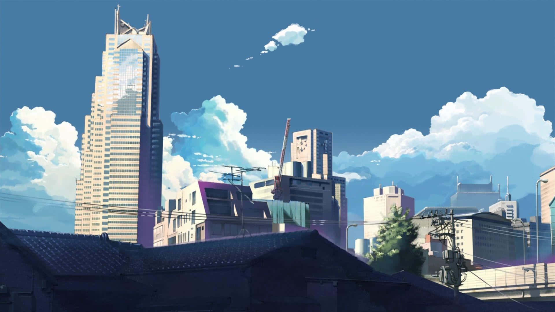 anime-style cityscape, towering skyscrapers, traditional rooftops, Full HD Desktop Wallpaper