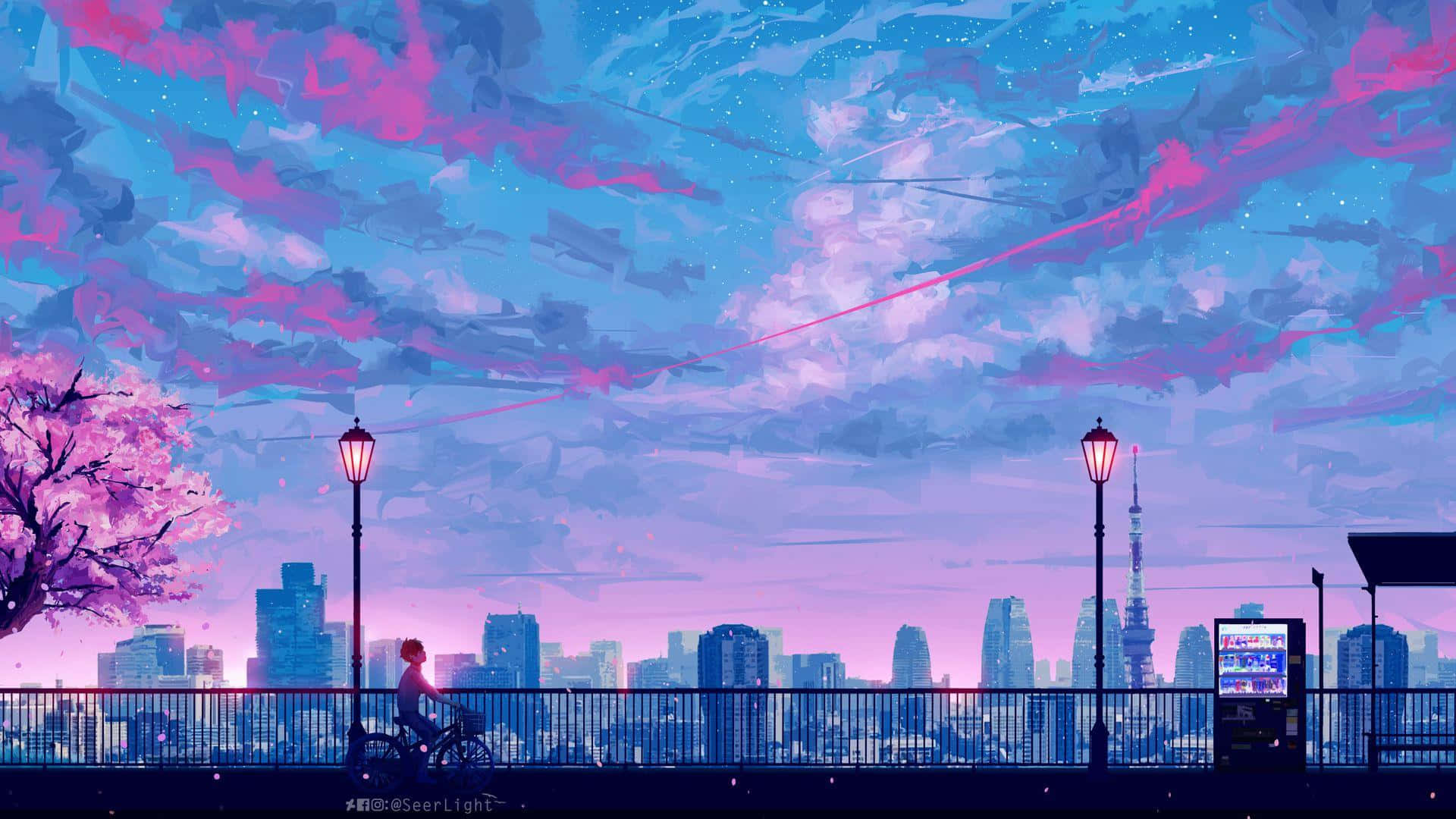 Retro anime, surreal twilight sky, pink and blue clouds, Full HD Desktop Wallpaper