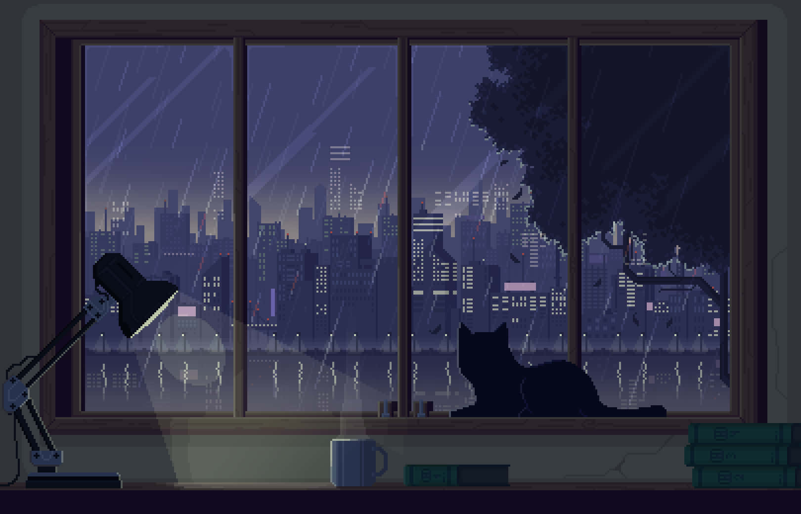 pixel-art cat, rain-streaked window, glowing cityscape, HD Desktop Wallpaper