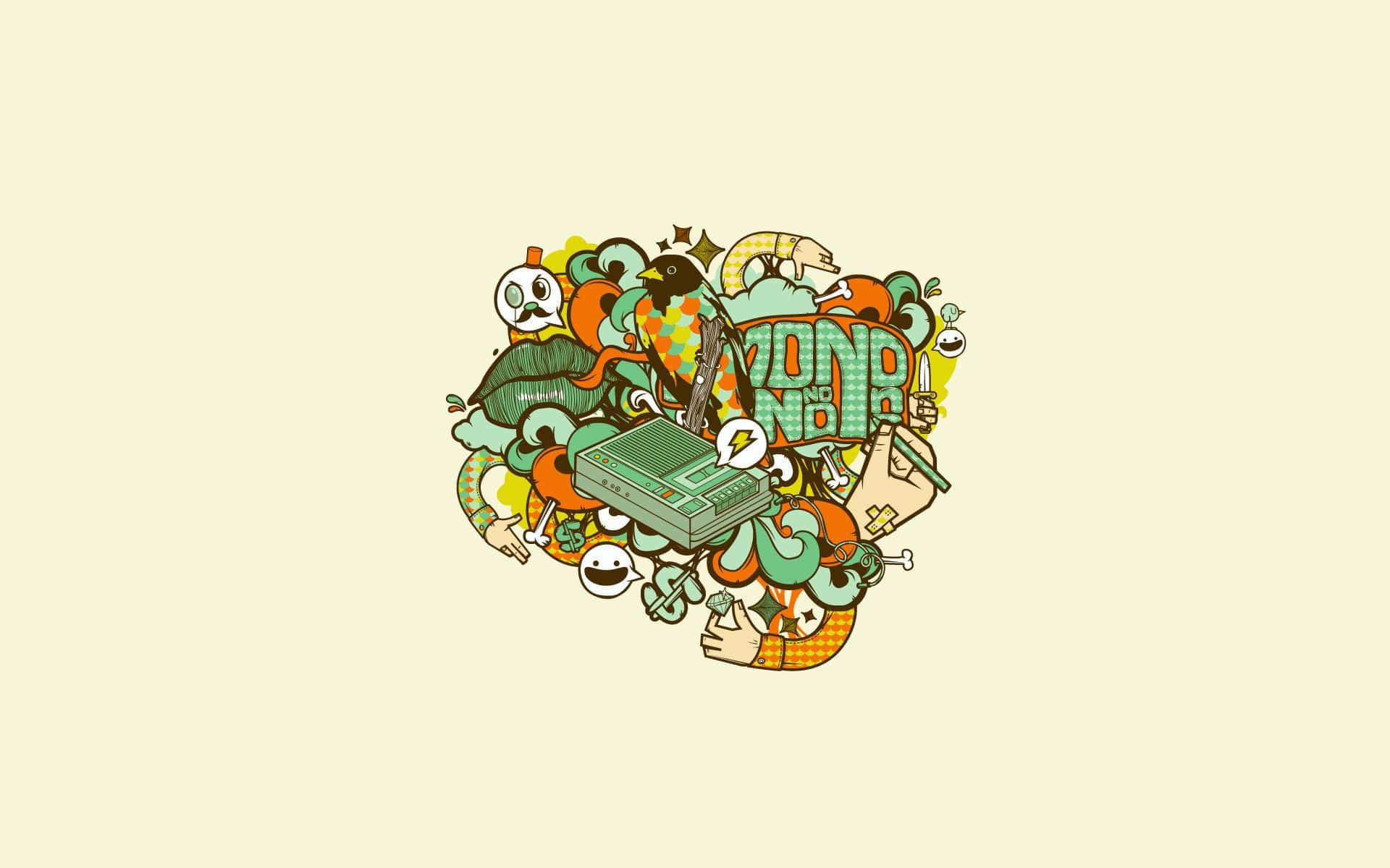 retro gaming, colorful cartoon characters, central green game console, Full HD Desktop Wallpaper