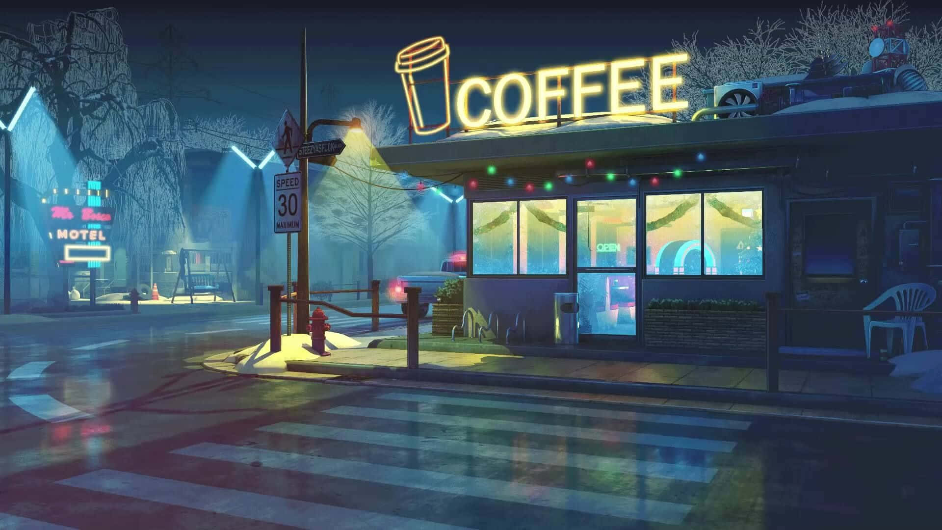 neon-lit coffee shop, snowy night street, wet pavement, Full HD Desktop Wallpaper