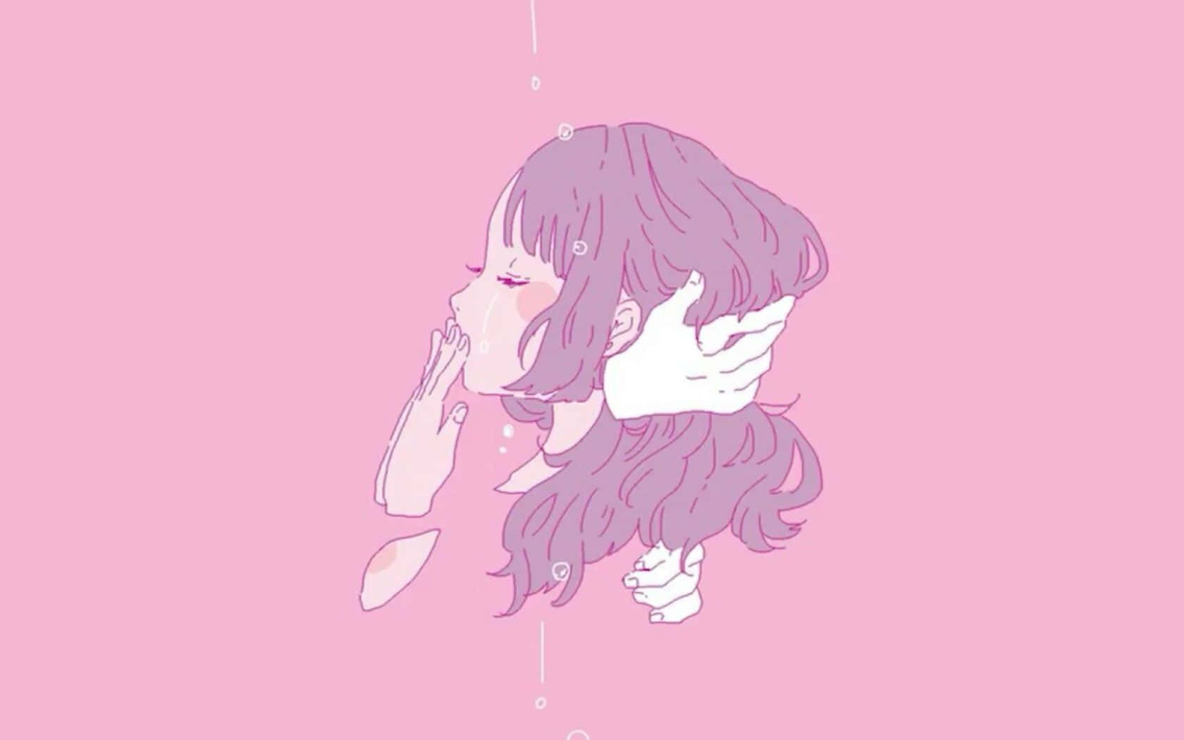 retro anime, purple hair, soft pink background, HD Desktop Wallpaper