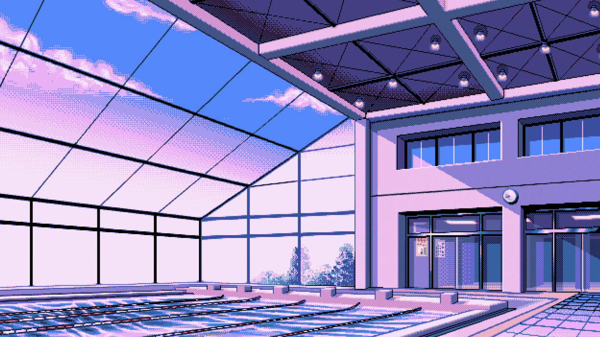 90s anime aesthetic, pixel-art train station, purple and blue hues, Full HD Desktop Wallpaper