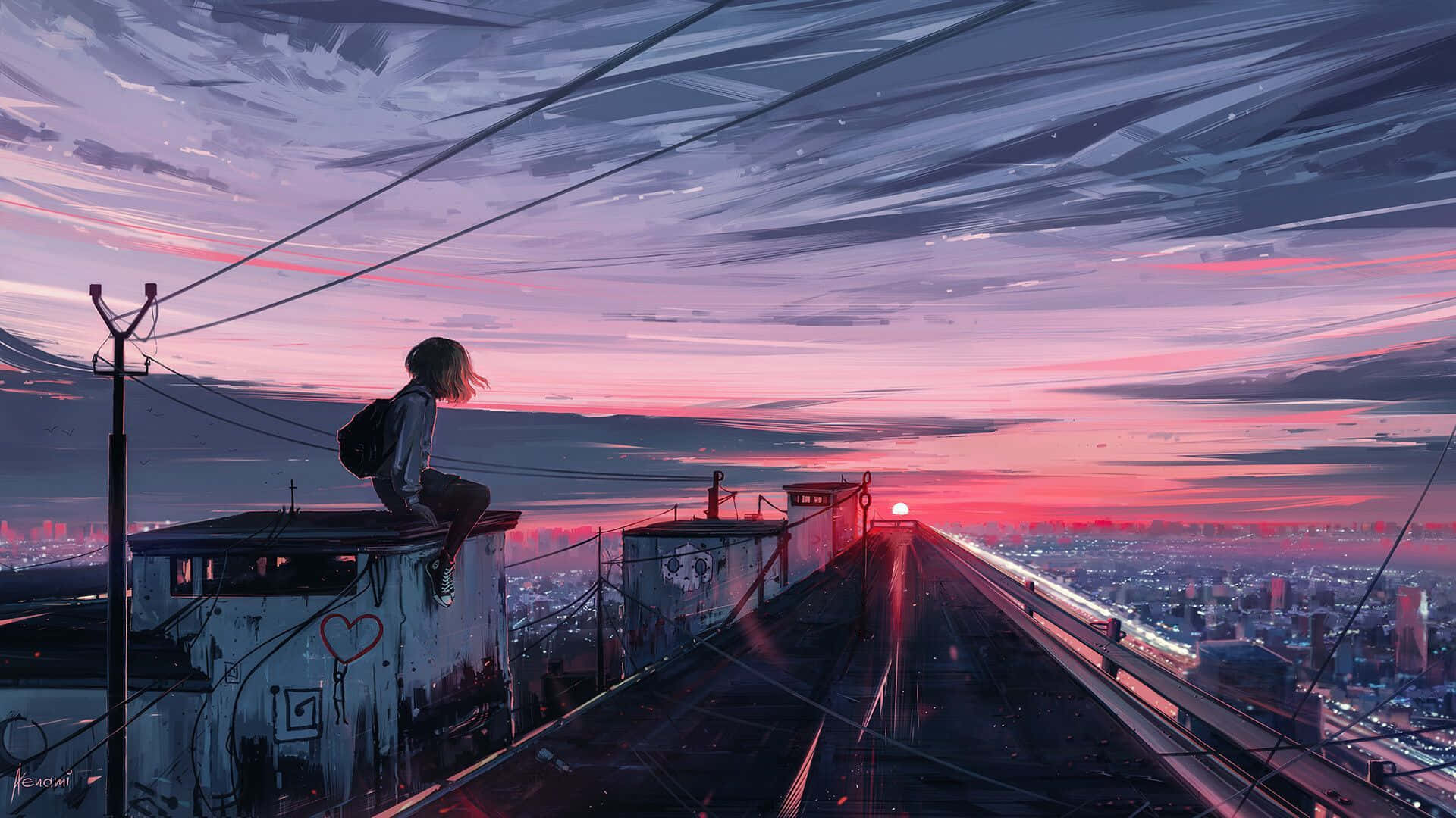 Retro anime, rooftop, city, Full HD Desktop Wallpaper