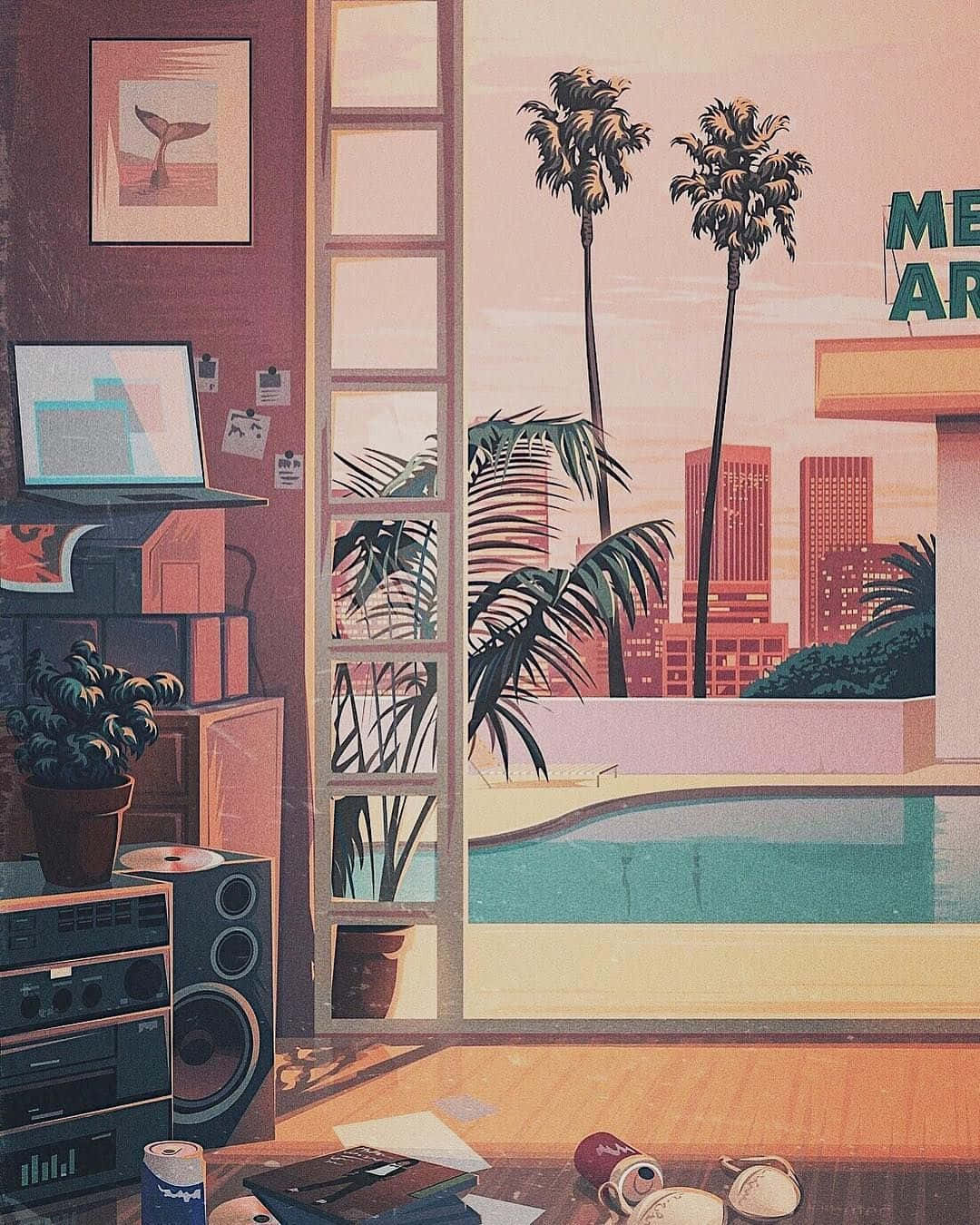 vintage anime retro pool, retro-style illustration, vintage audio gear, HD Phone Wallpaper