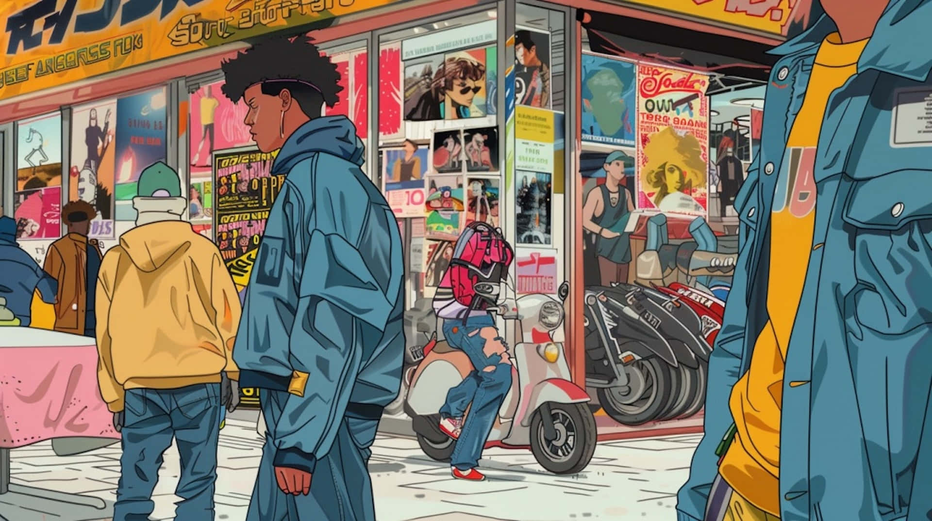 Retro Urban Scene, anime style, colorful record shop, Full HD Desktop Wallpaper