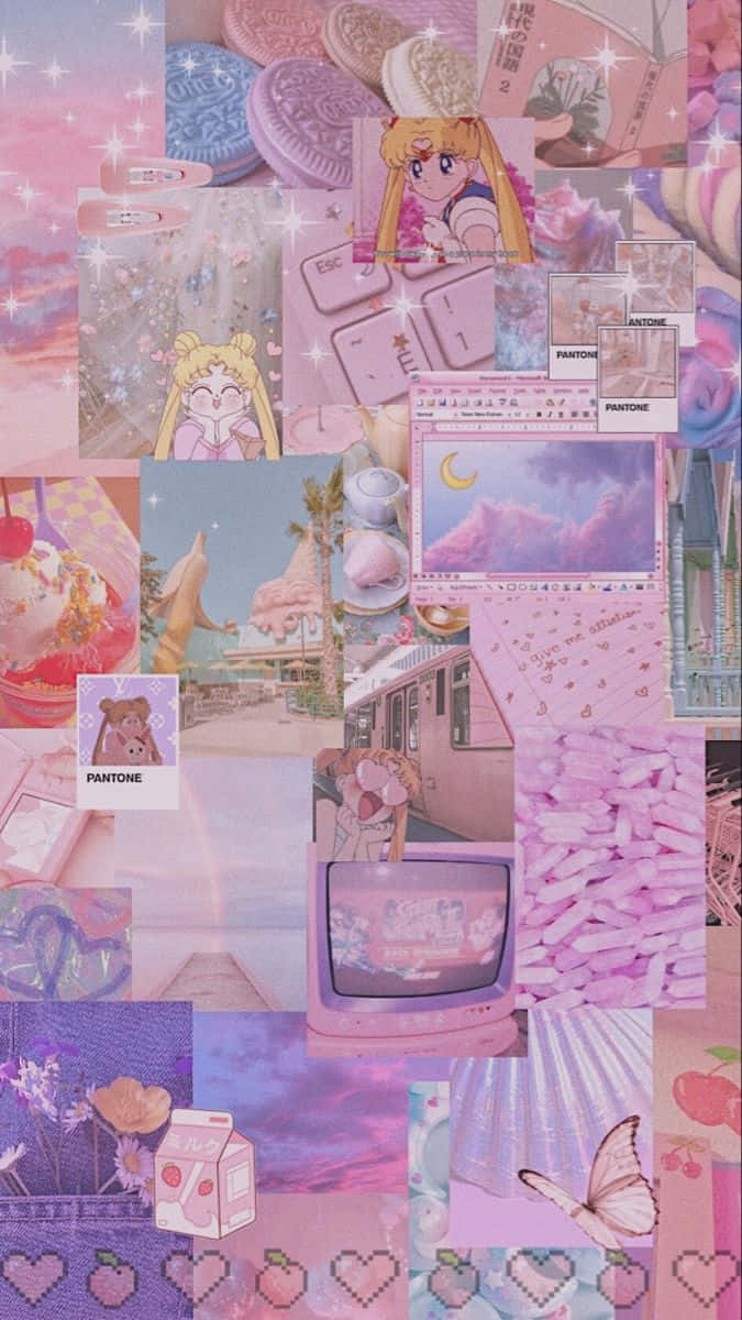 pastel retro anime aesthetic, pink and purple collage, anime characters, SD Phone Wallpaper
