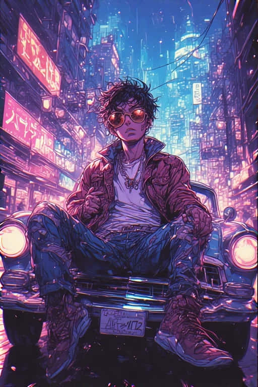 retro anime character, vintage car, neon-lit cyberpunk alleyway, SD Phone Wallpaper