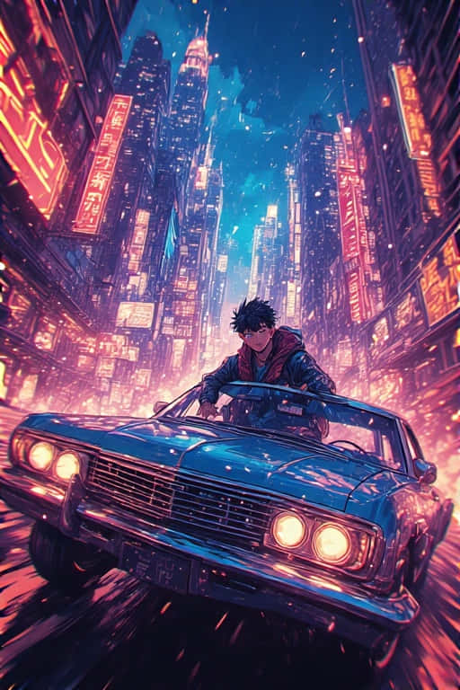 retro anime character, vintage car, neon cityscape, SD Phone Wallpaper