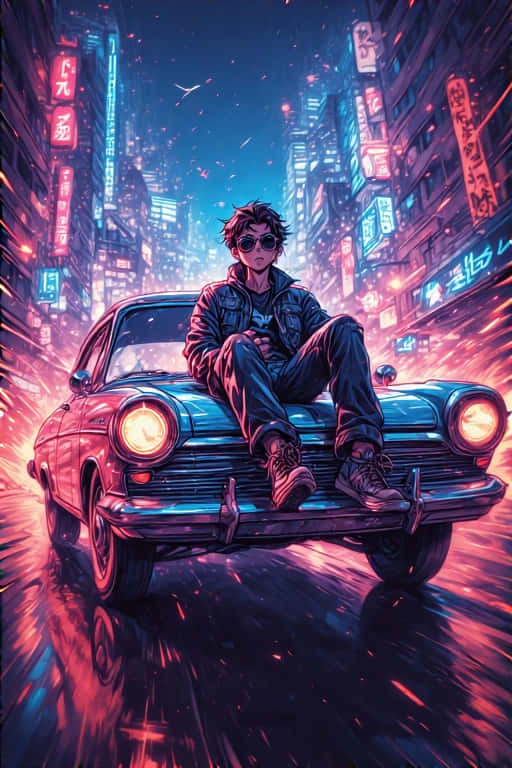 retro anime character, vintage car, neon-lit cyberpunk cityscape, SD Phone Wallpaper