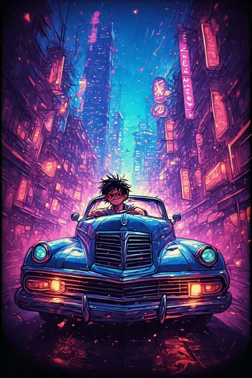 retro anime character, vintage blue convertible, neon-drenched cyberpunk alleyway, SD Phone Wallpaper