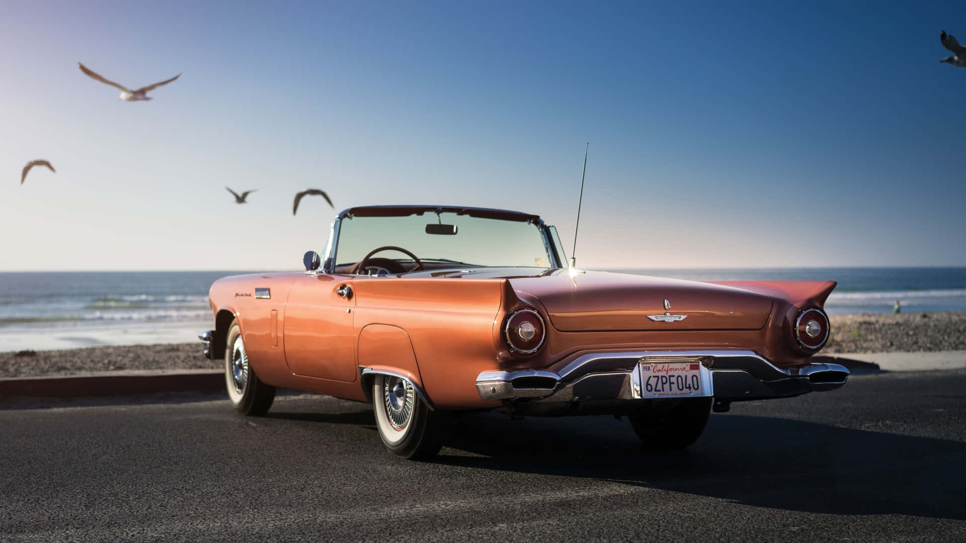 Retro Beach, vintage orange convertible, coastal road, Full HD Desktop Wallpaper