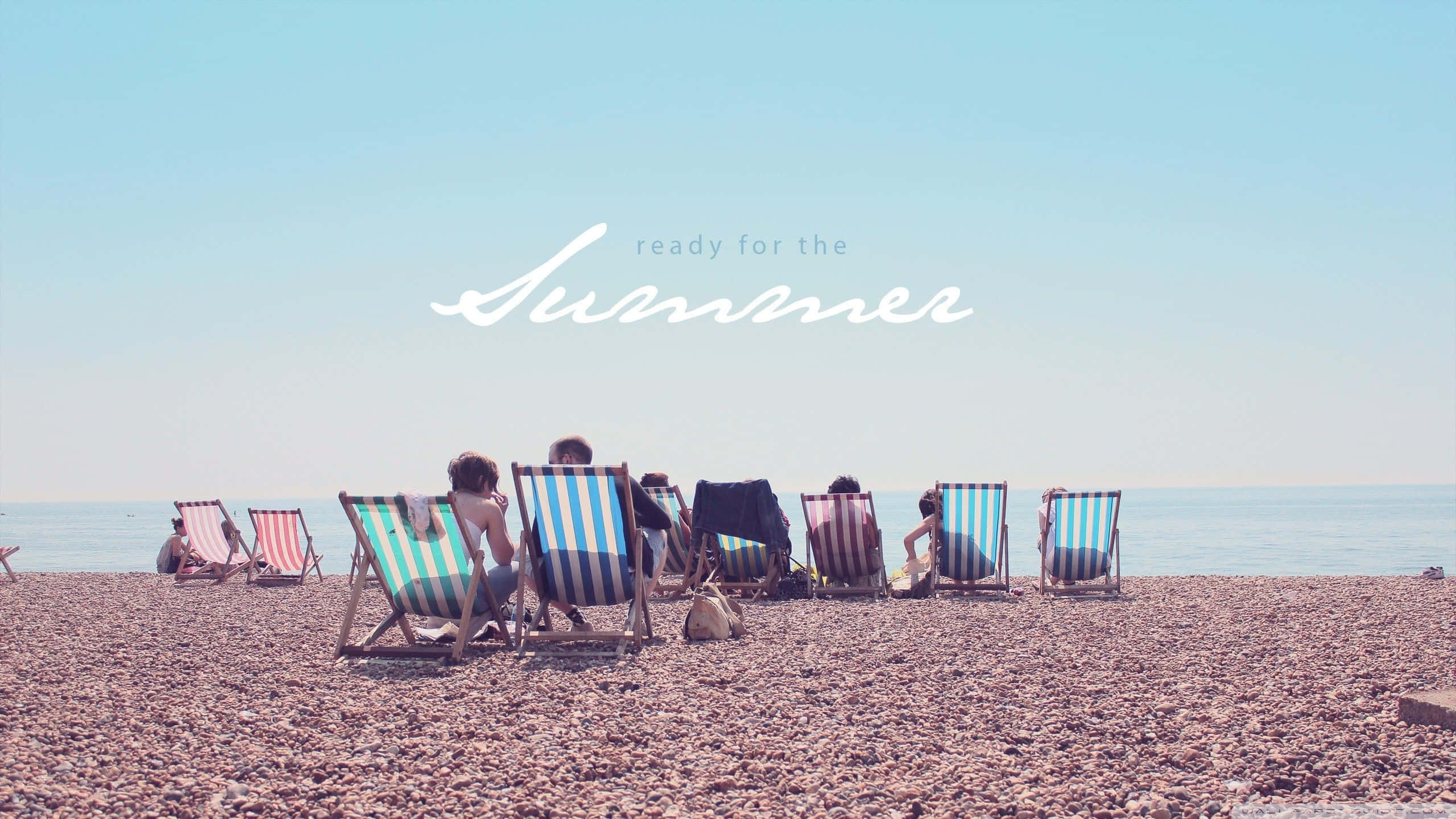 Retro Beach, striped deck chairs, calm sea, 2K Desktop Wallpaper