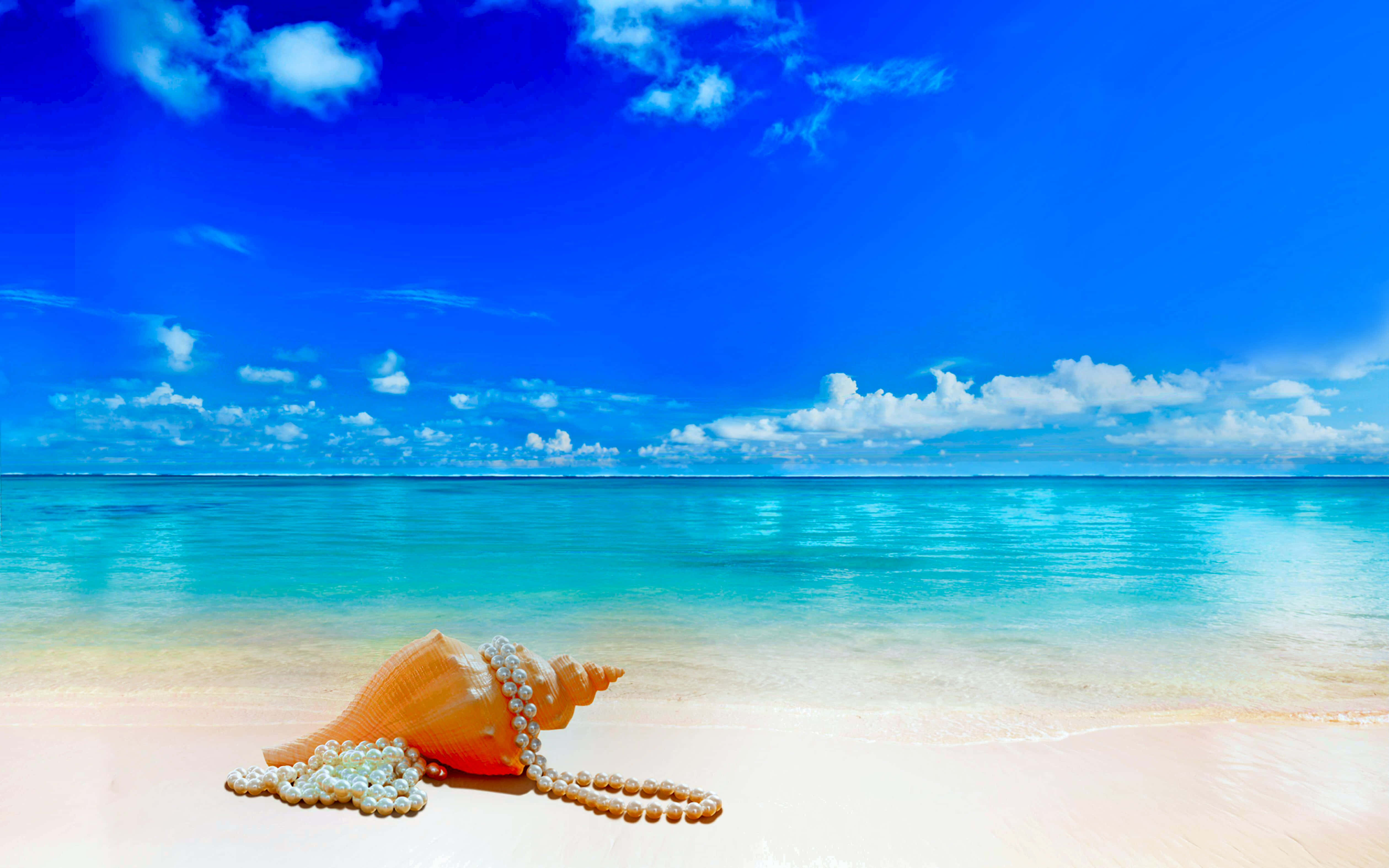retro beach, orange seashell, pearl necklace, 4K Desktop Wallpaper