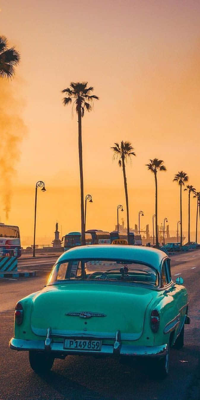 Retro Beach, turquoise vintage car, palm-lined street, HD Phone Wallpaper