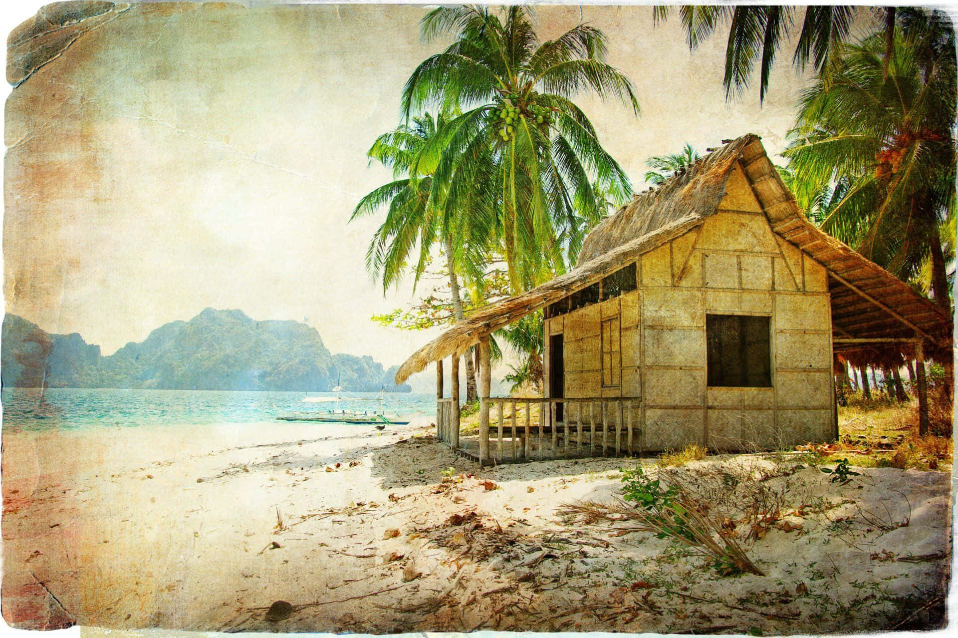 retro beach, thatched-roof hut, sandy beach, Full HD Desktop Wallpaper