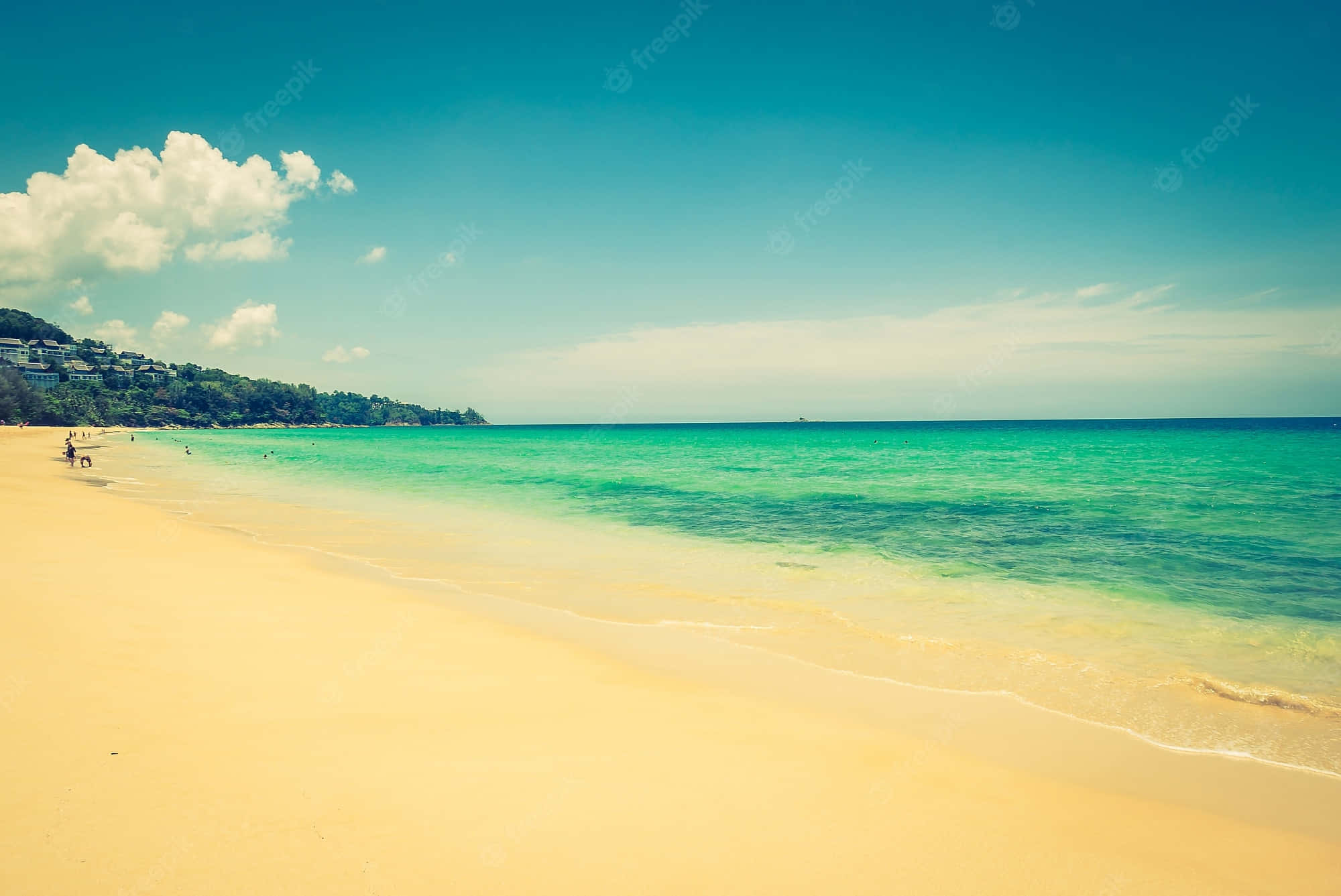 Retro Beach, turquoise waters, golden sand, Full HD Desktop Wallpaper
