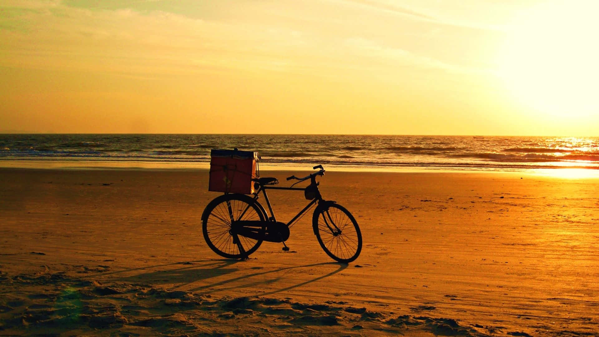 retro beach, red delivery box, sandy beach, Full HD Desktop Wallpaper