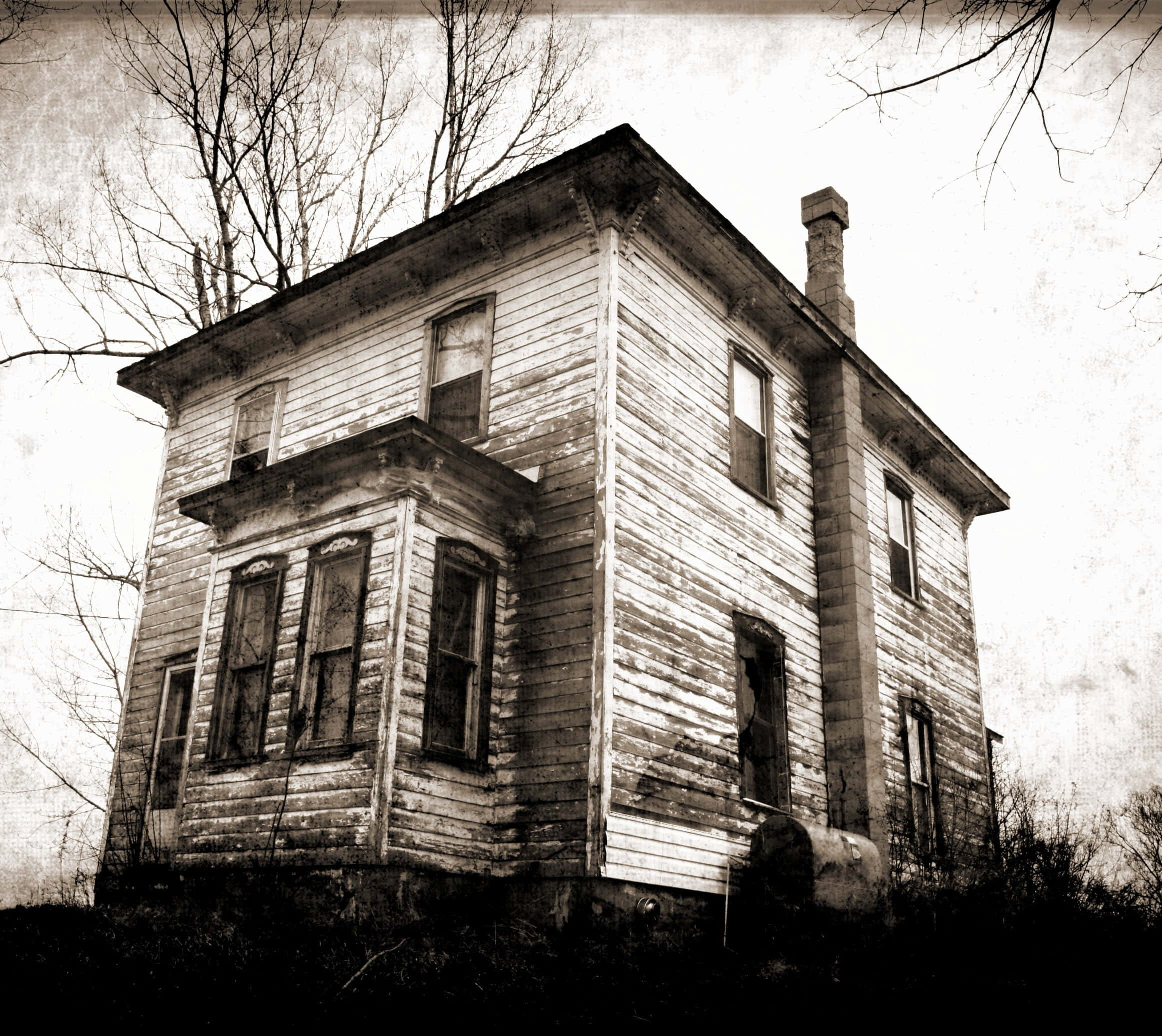 vintage black and white, sepia-toned, weathered two-story house, Full HD Desktop Wallpaper