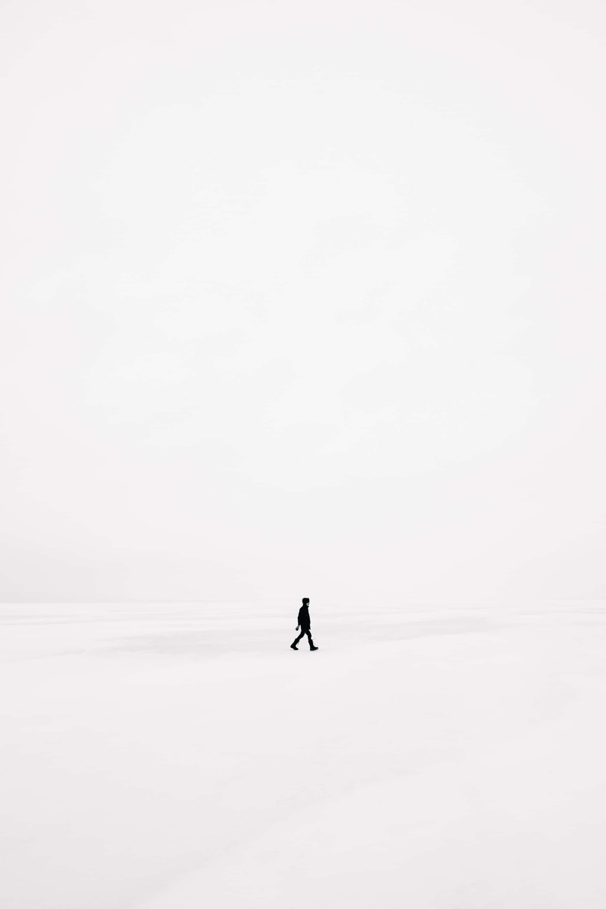 minimalist black and white, snowy plain, vast pale sky, 2K Phone Wallpaper