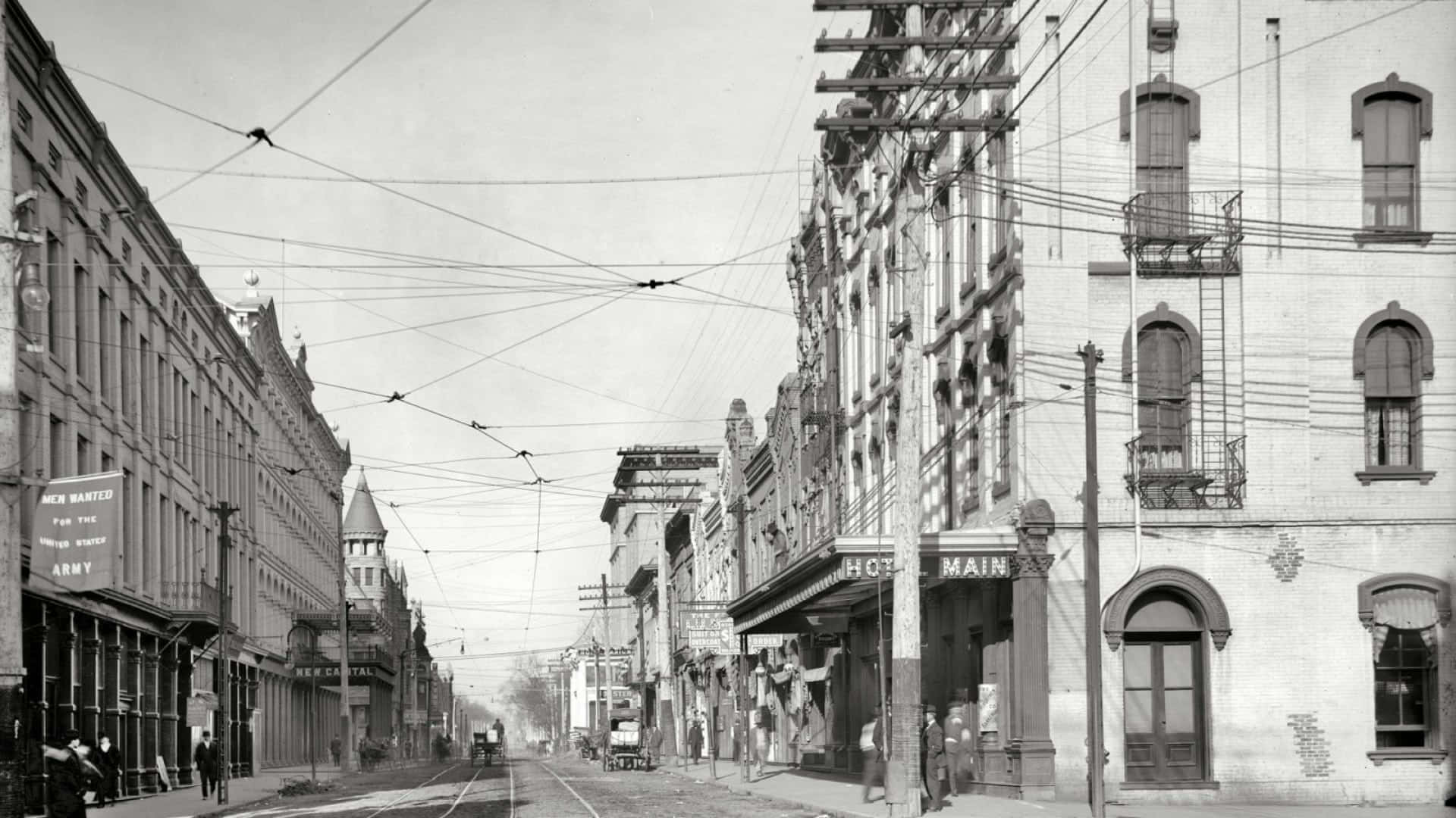 vintage black and white, street scene, trolley wires, Full HD Desktop Wallpaper