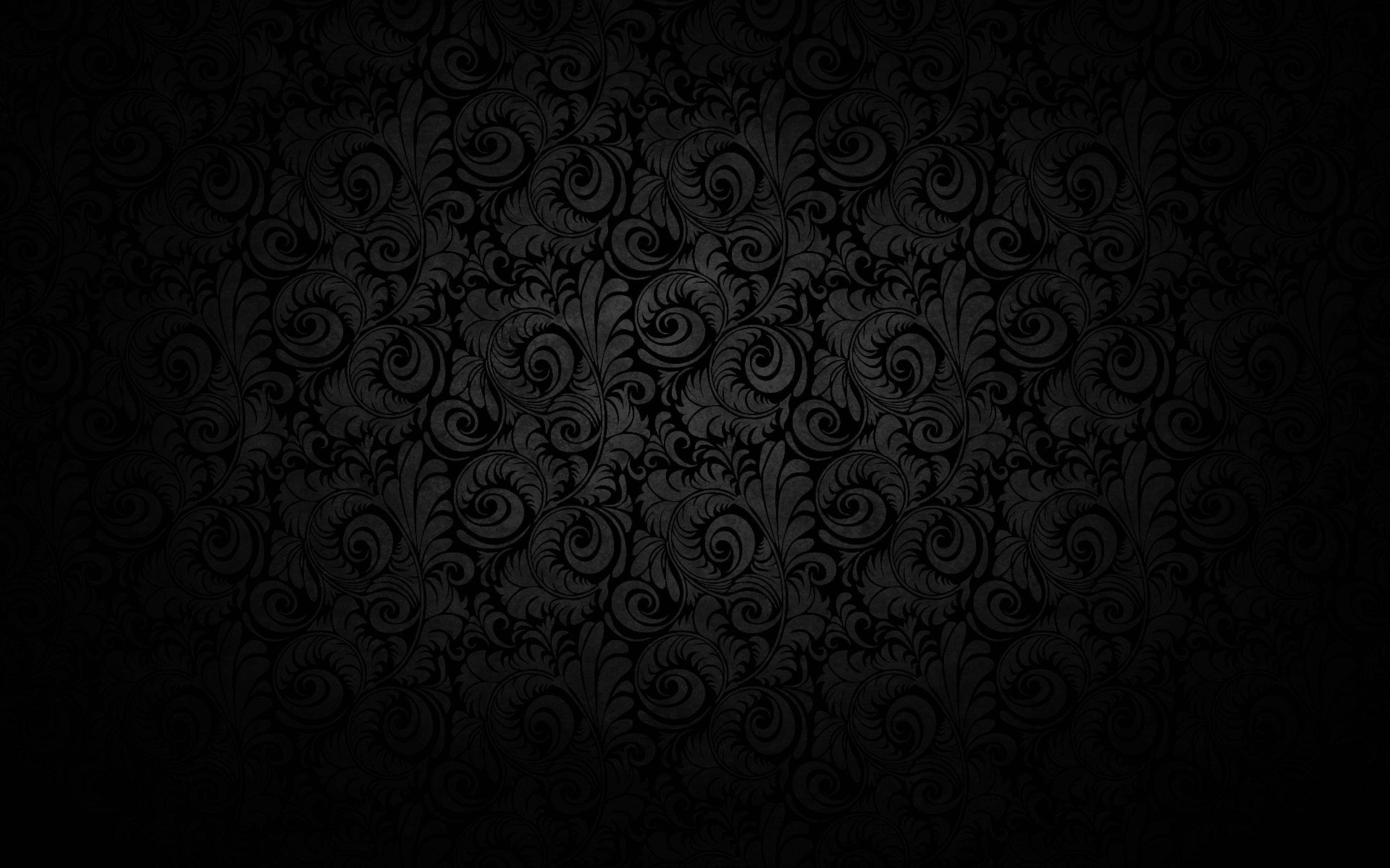 black damask pattern, swirling floral motifs, dark gradient background, 4K Desktop Wallpaper