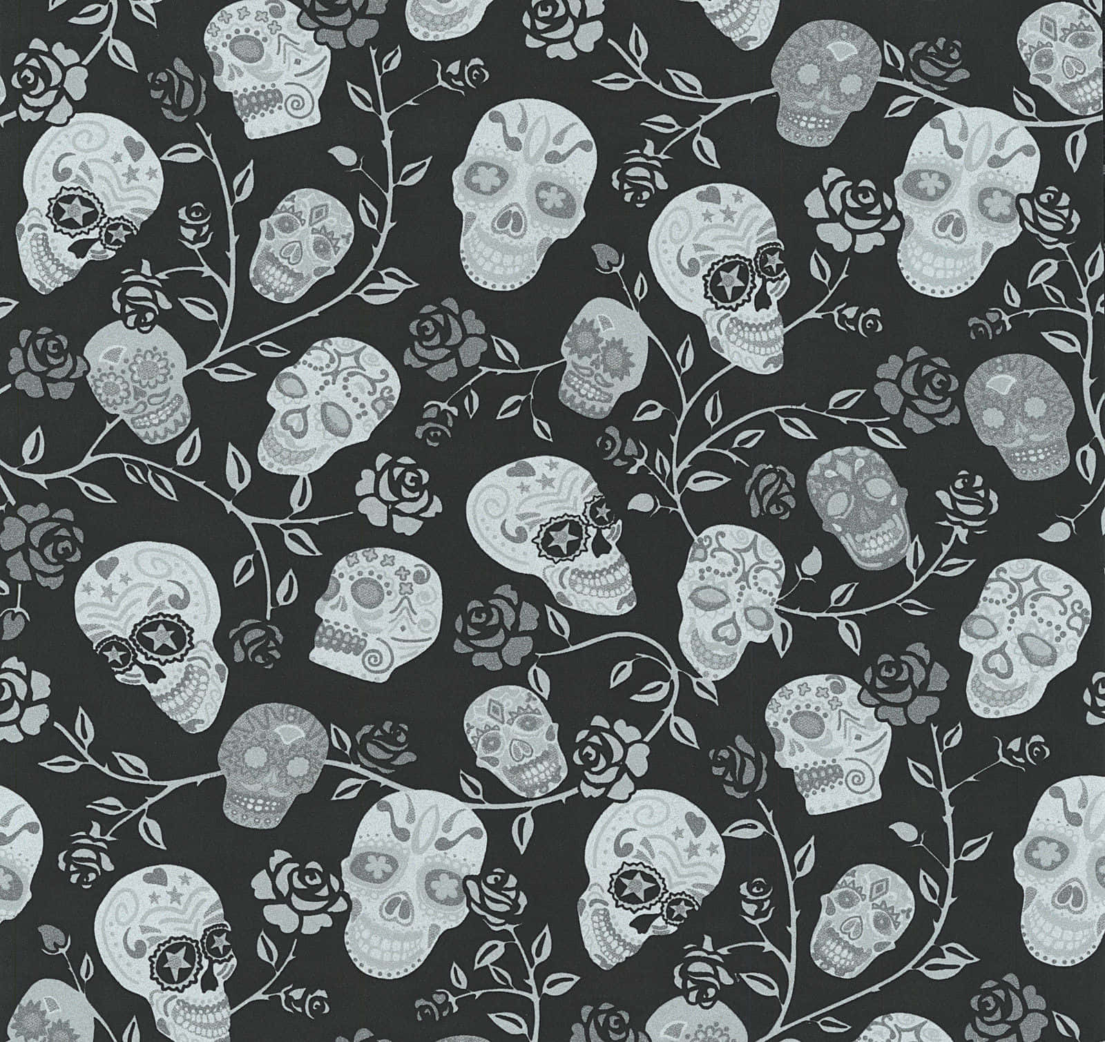 black and silver, ornate sugar skulls, roses, HD Desktop Wallpaper