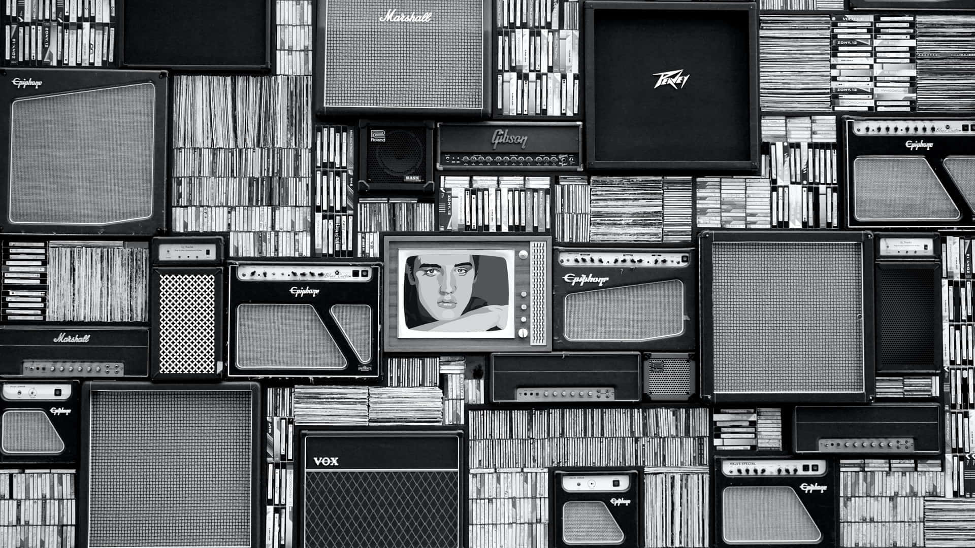 vintage amplifiers, cassette tapes, black and white collage, Full HD Desktop Wallpaper