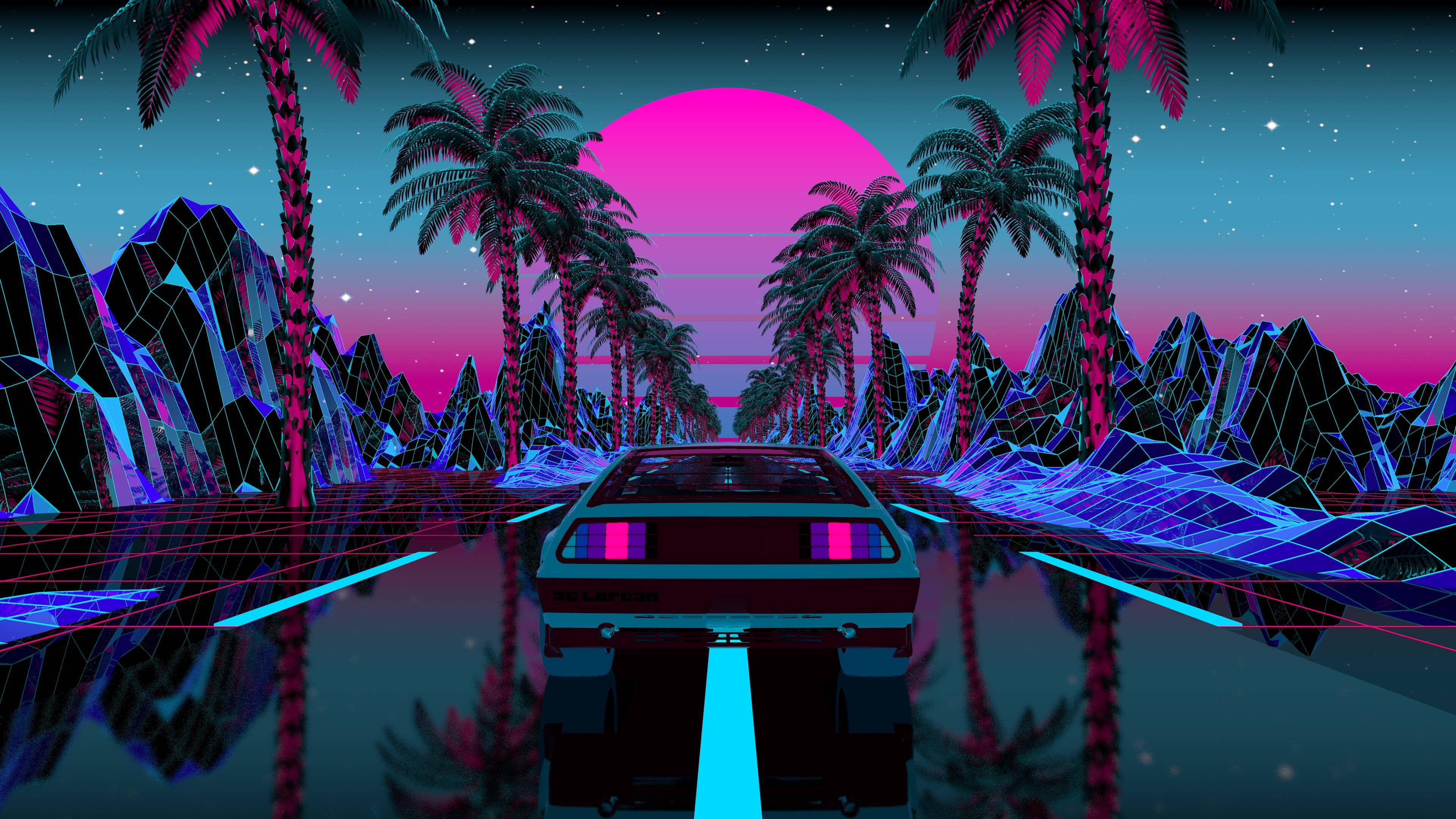 retrowave car, glowing neon road, palm trees, 4K Desktop Wallpaper