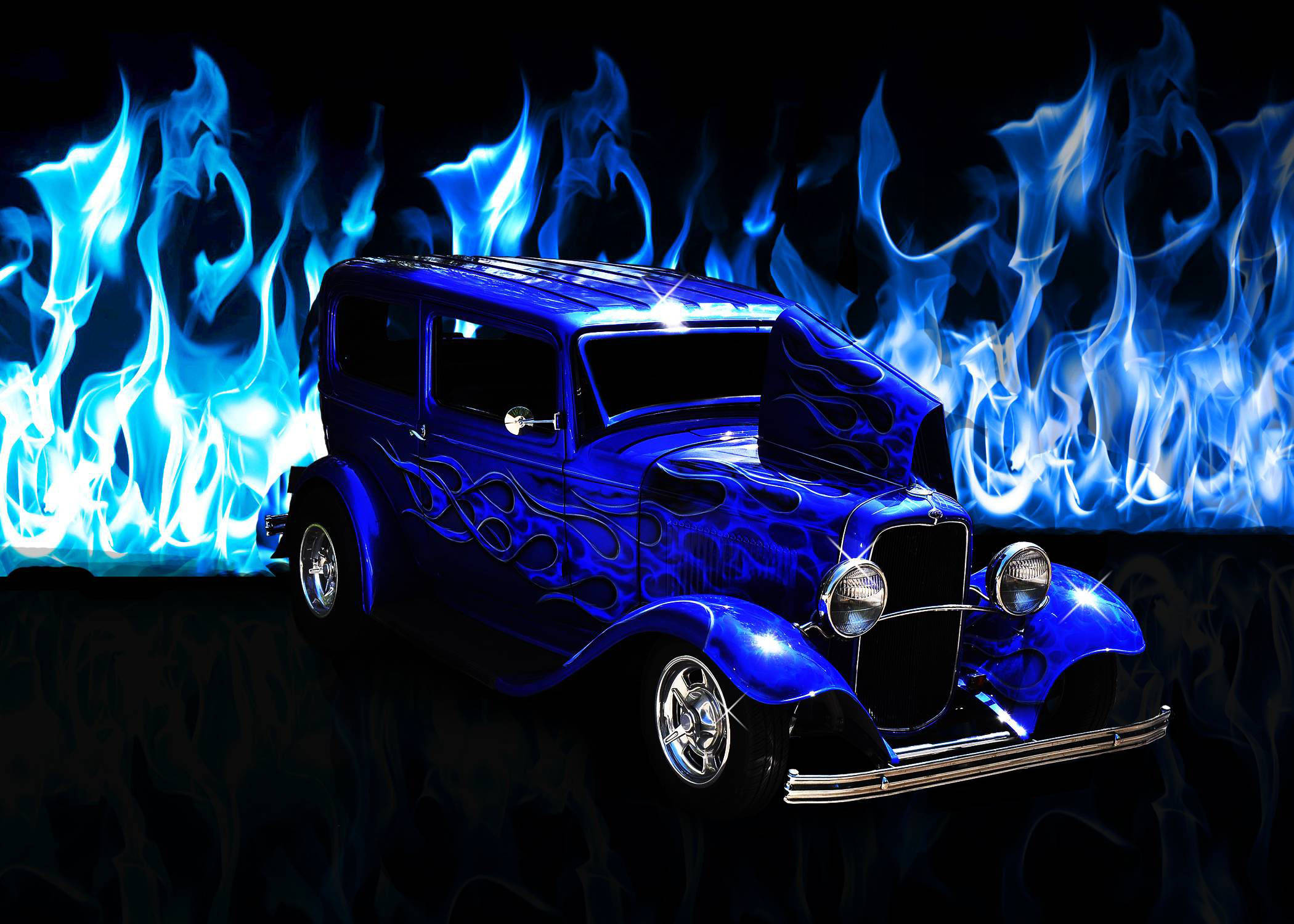 vintage ford, blue flames, glossy blue hot rod, Full HD Desktop Wallpaper