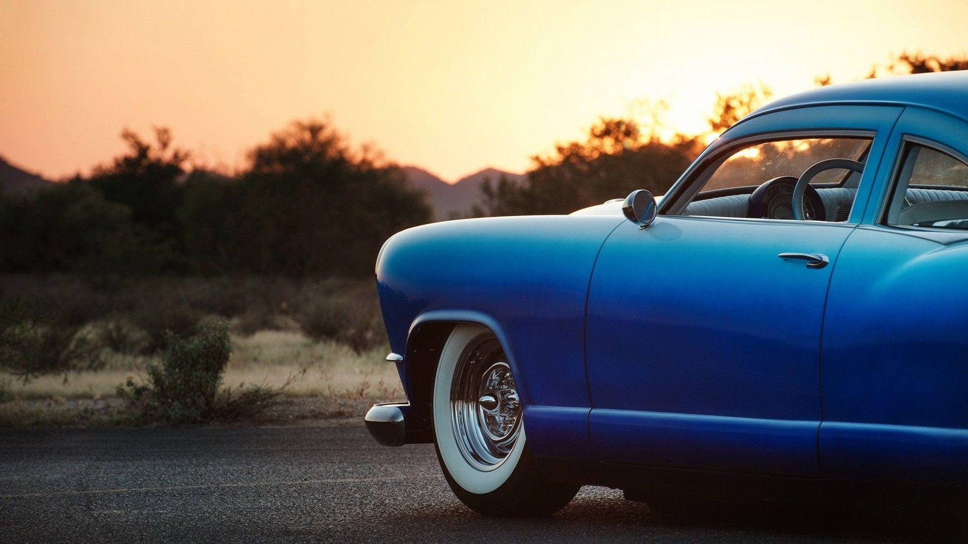 vintage family sedan, vibrant blue, desert road, Full HD Desktop Wallpaper