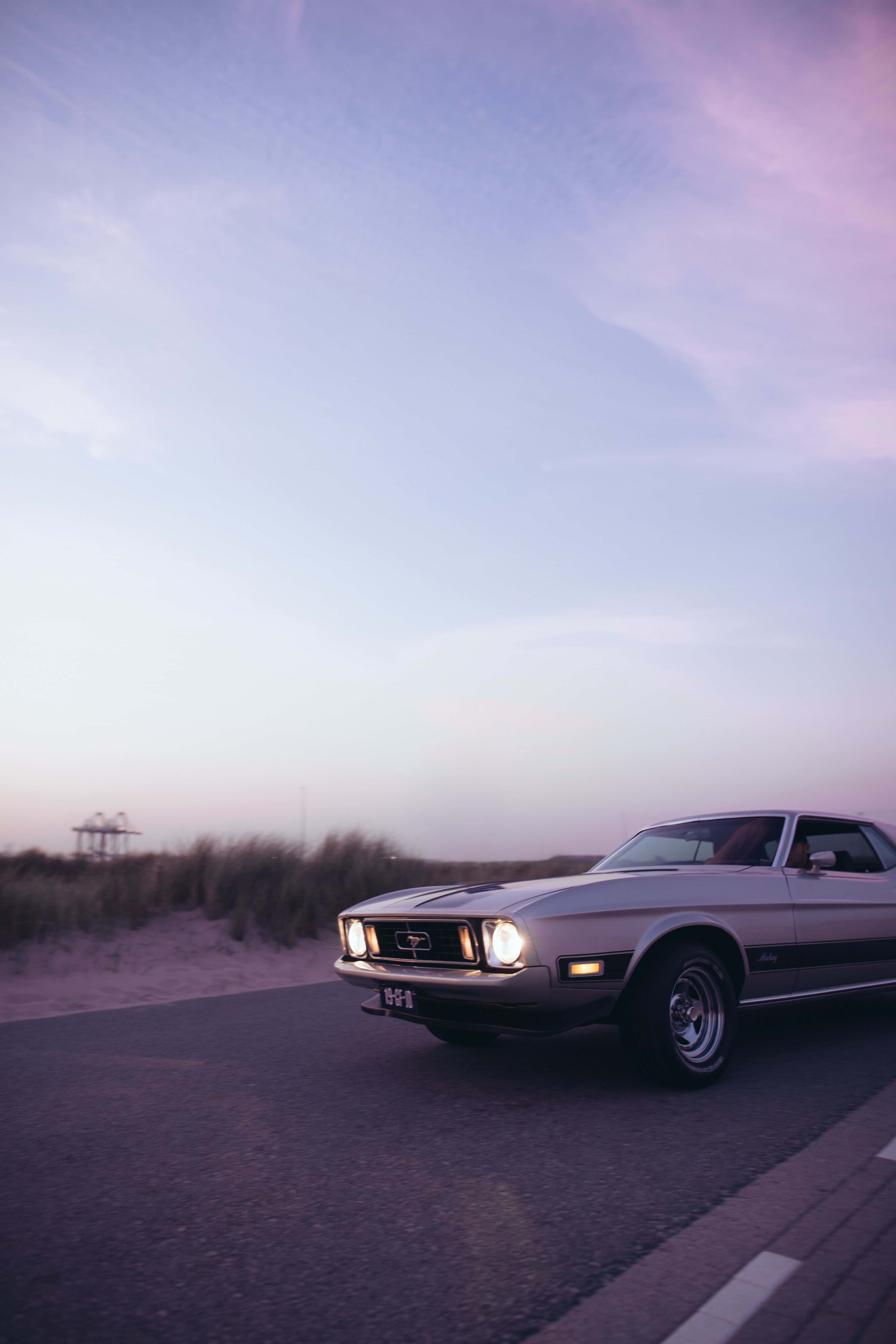 silver, classic muscle car, glowing headlights, 5K Phone Wallpaper