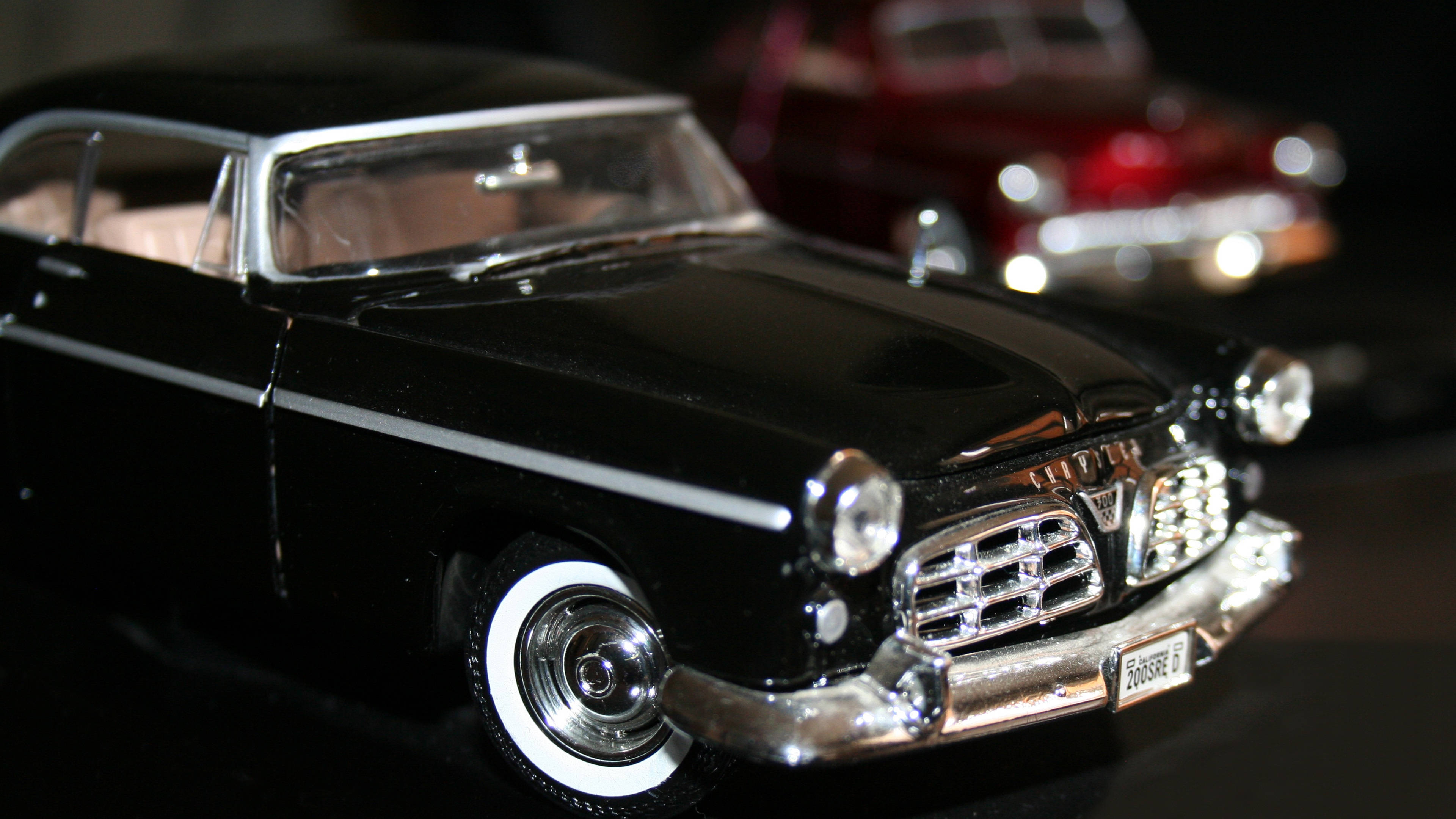 glossy black, vintage car model, chrome accents, 4K Desktop Wallpaper