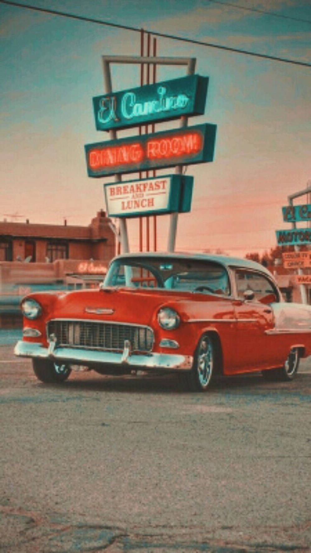 El Camino dining room, neon sign, vintage red car, HD Phone Wallpaper